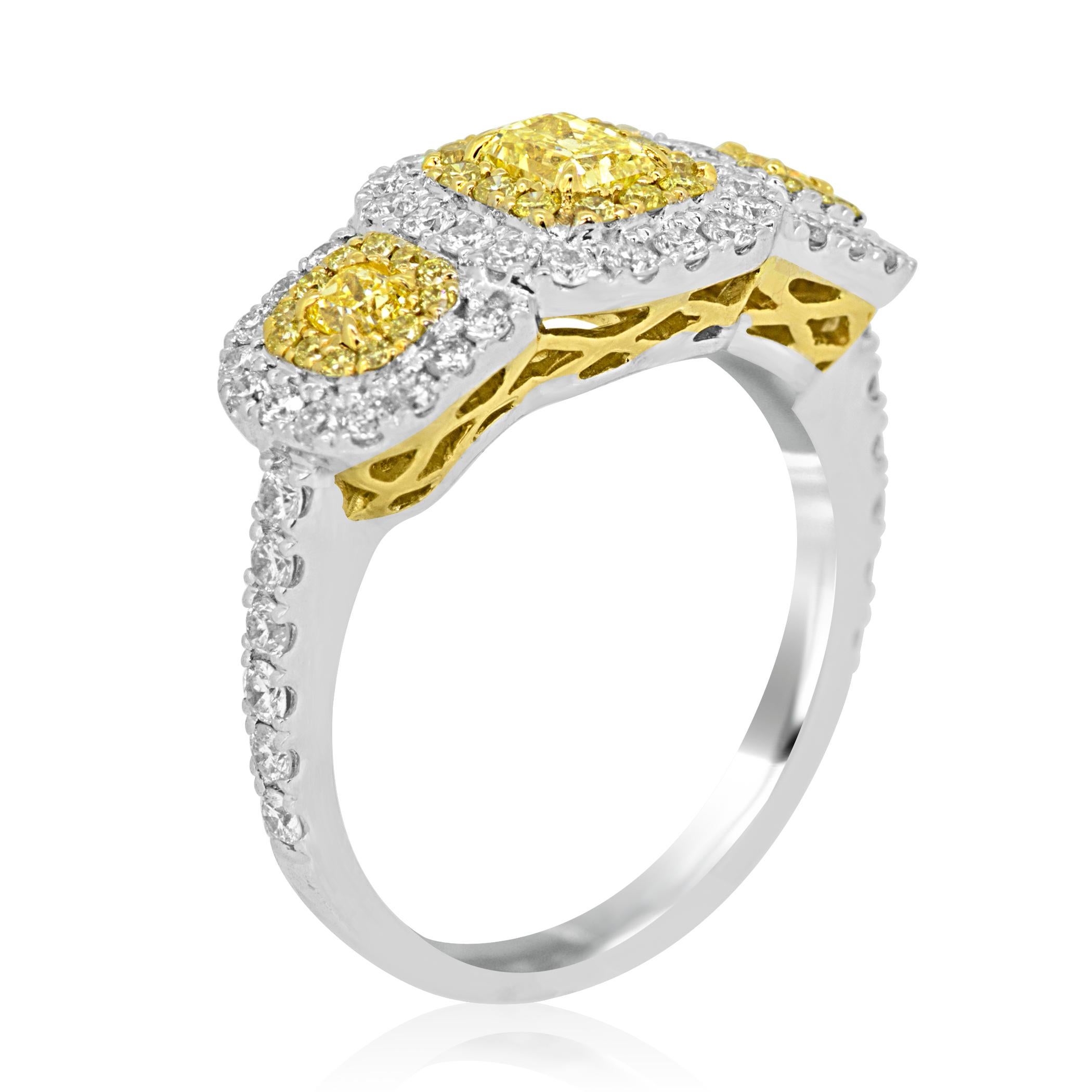 Women's Fancy Yellow Diamond Double Halo Two-Color Gold Three-Stone Ring