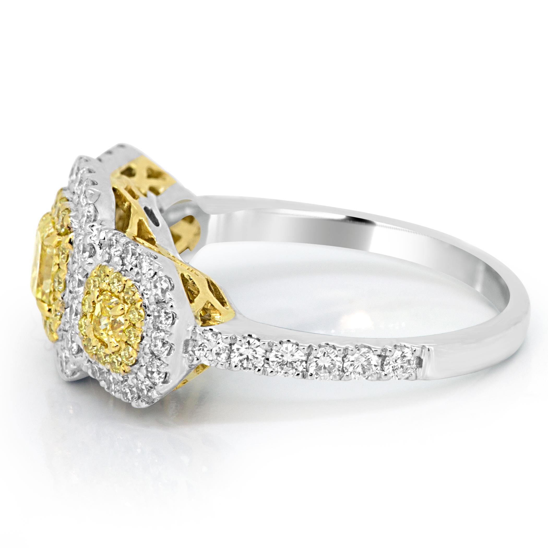 Fancy Yellow Diamond Double Halo Two-Color Gold Three-Stone Ring In New Condition In NEW YORK, NY