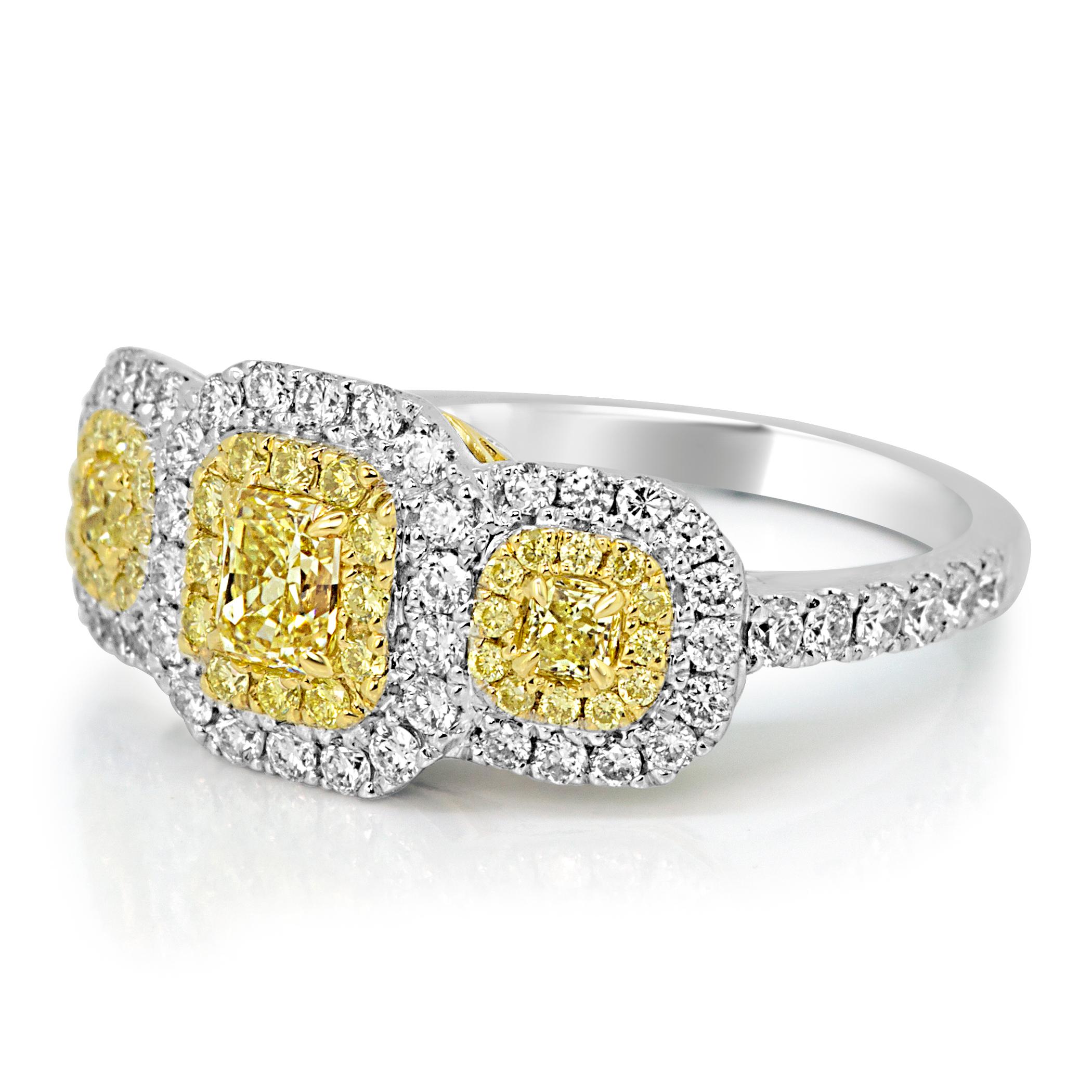 Radiant Cut Fancy Yellow Diamond Double Halo Two-Color Gold Three-Stone Ring