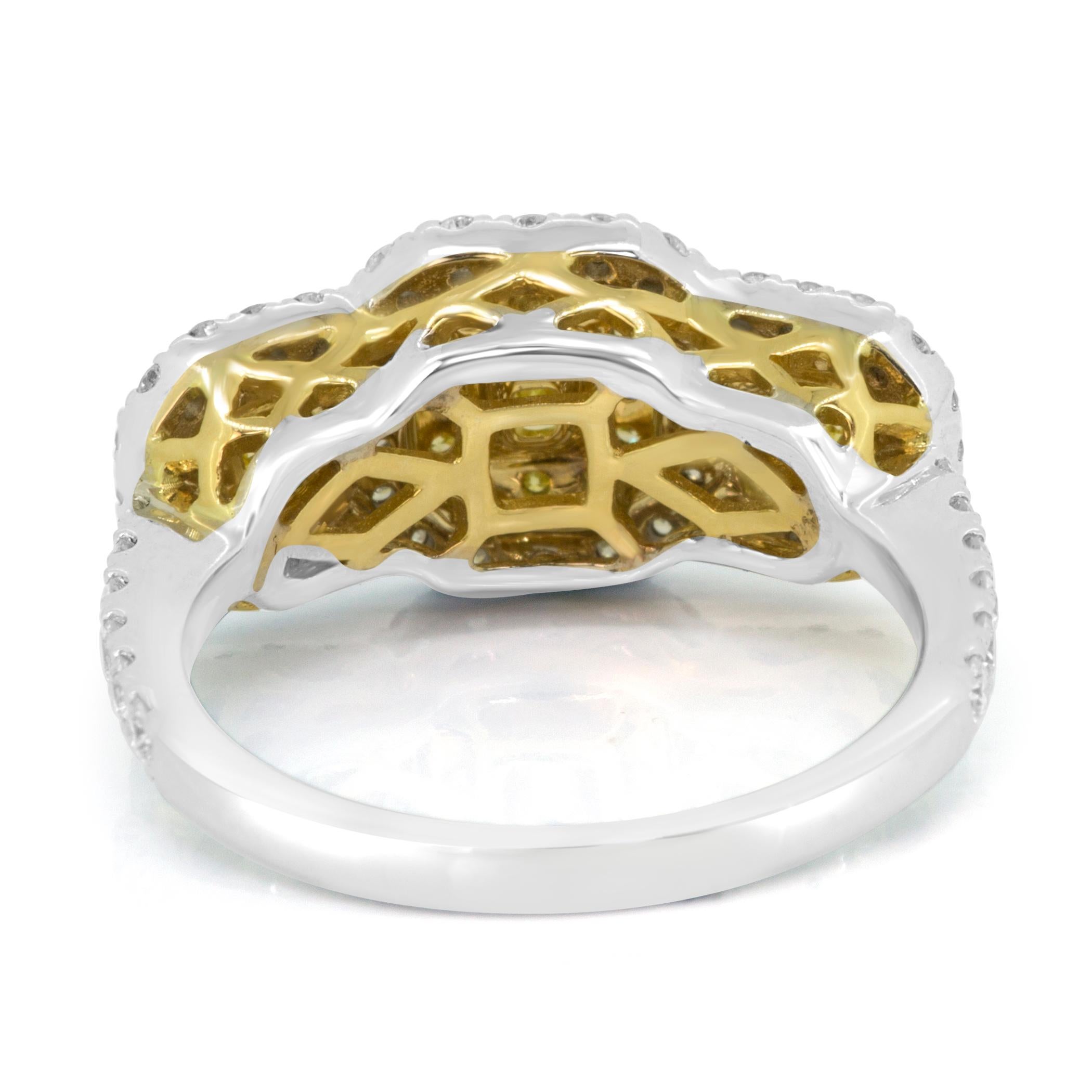 Fancy Yellow Diamond Double Halo Two-Color Gold Three-Stone Ring 3
