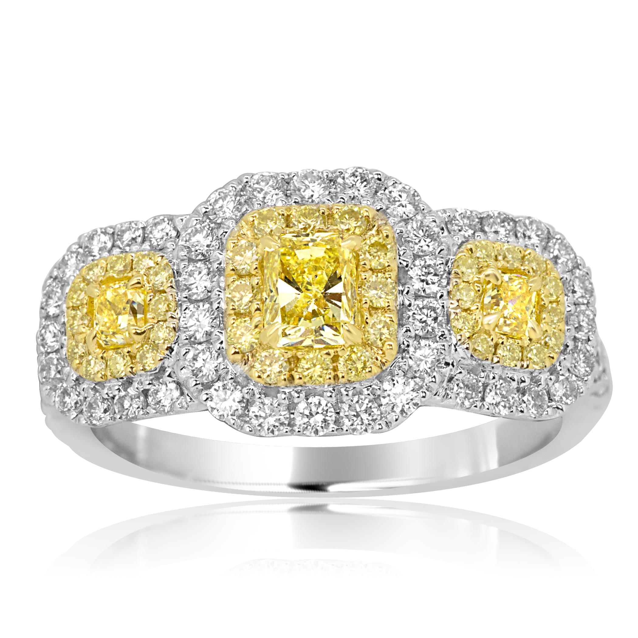 Contemporary Fancy Yellow Diamond Double Halo Two-Color Gold Three-Stone Ring