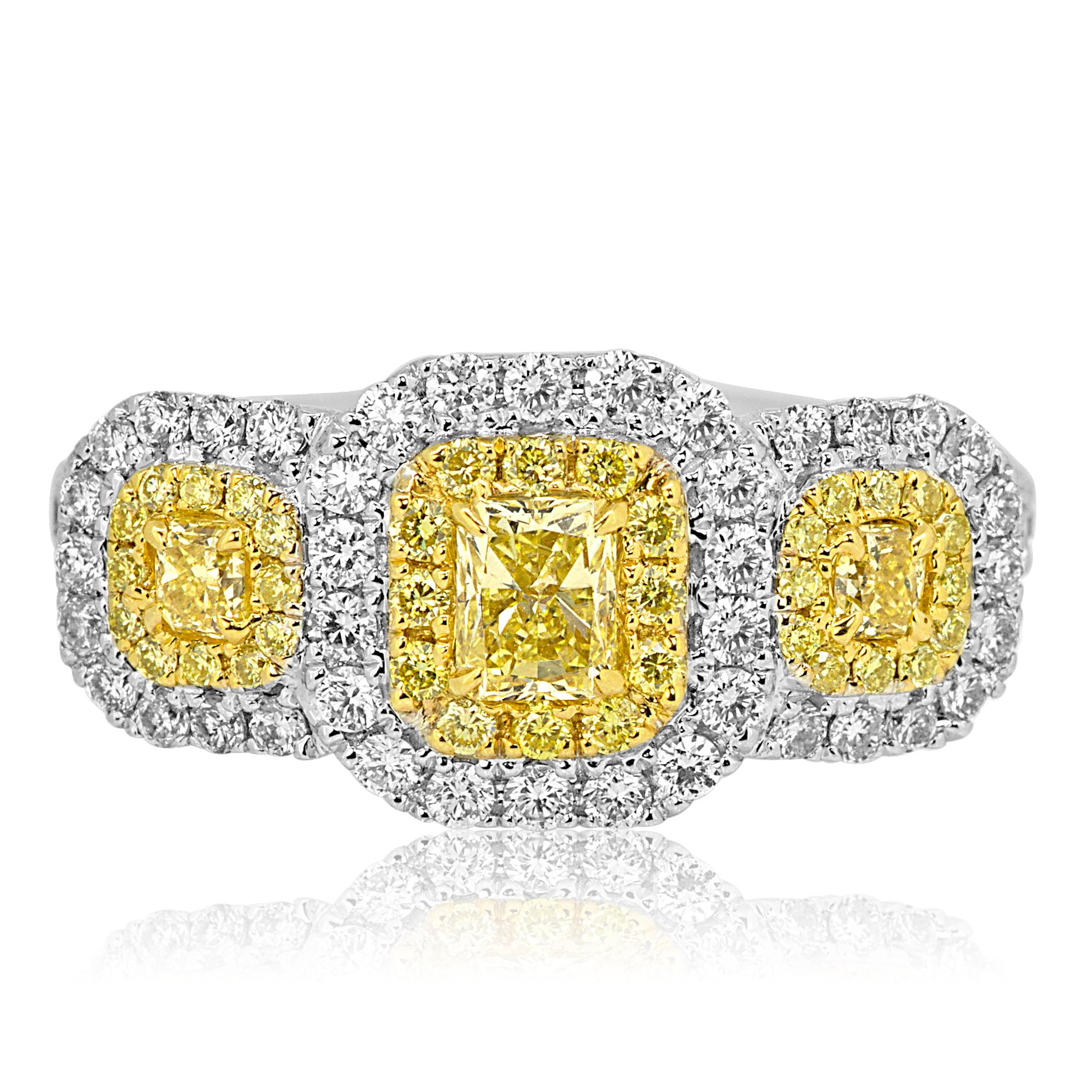 Stunning Natural Fancy Yellow Diamond Radiant Cut 0.36 Carat Flanked With 2 Natural Fancy Yellow Diamond 0.17 Carat on the sides encircled in a double Halo  Natural Fancy Yellow Diamond Round 0.21 Carat and White Diamond Rounds 0.63 Carat in 18K