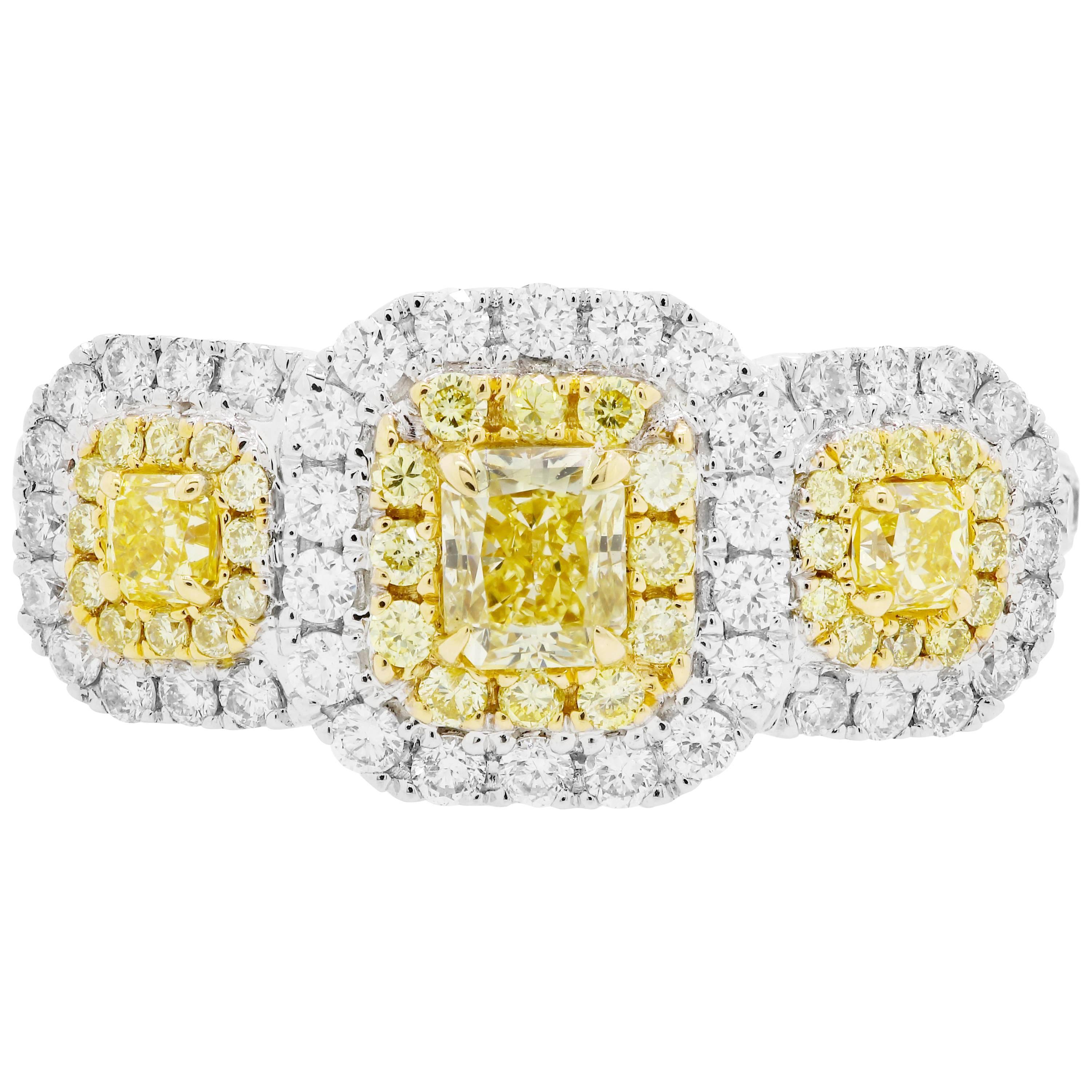 Fancy Yellow Diamond Double Halo Two-Color Gold Three-Stone Ring