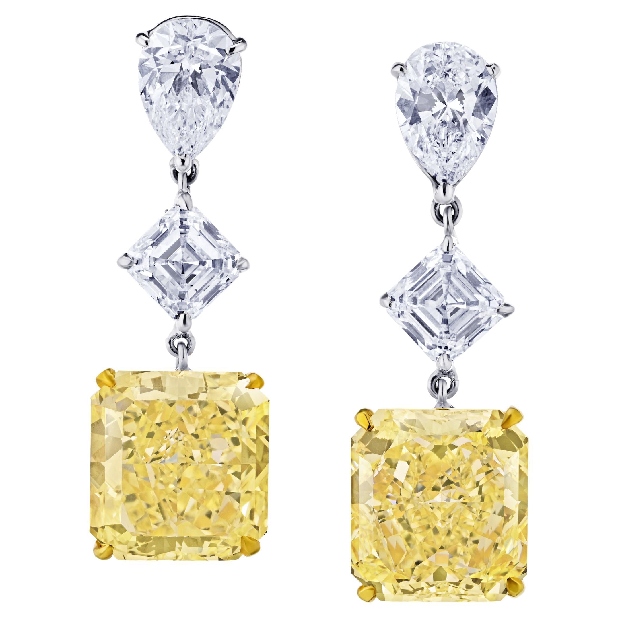 Fancy Yellow Diamond Drop Earrings 16 Carats set in Platinum & 18 Karat Gold For Sale