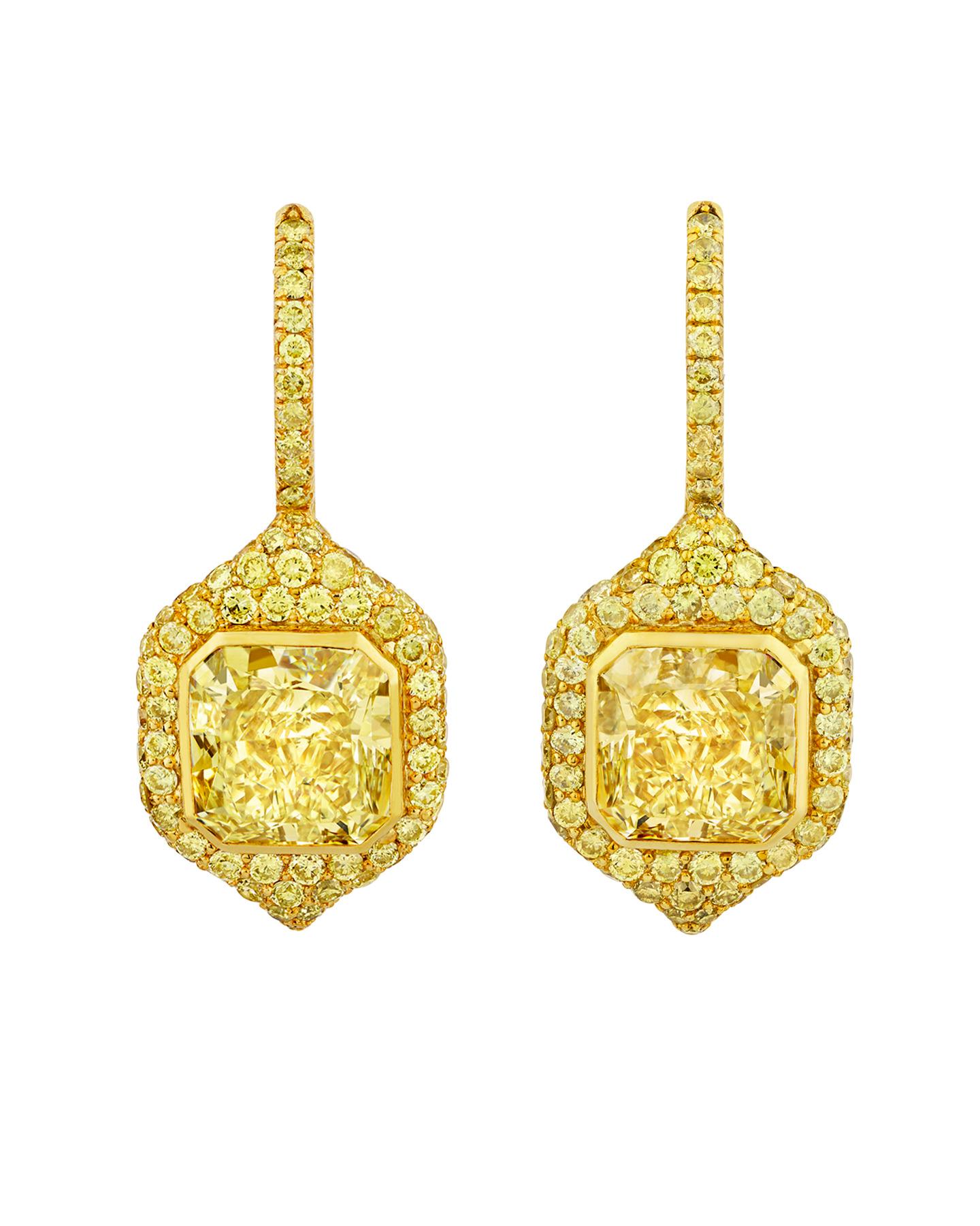 Contemporary Fancy Yellow Diamond Drop Earrings, 4.91 Carat