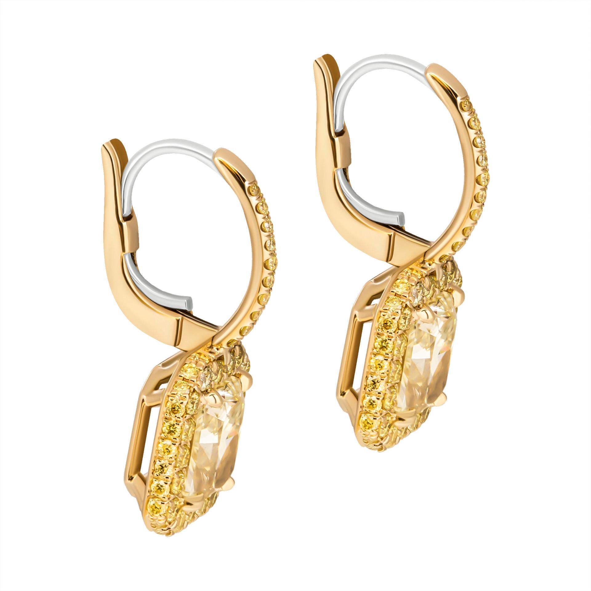 Women's or Men's Fancy Yellow Diamond Earring with Radiant Cut Diamonds For Sale