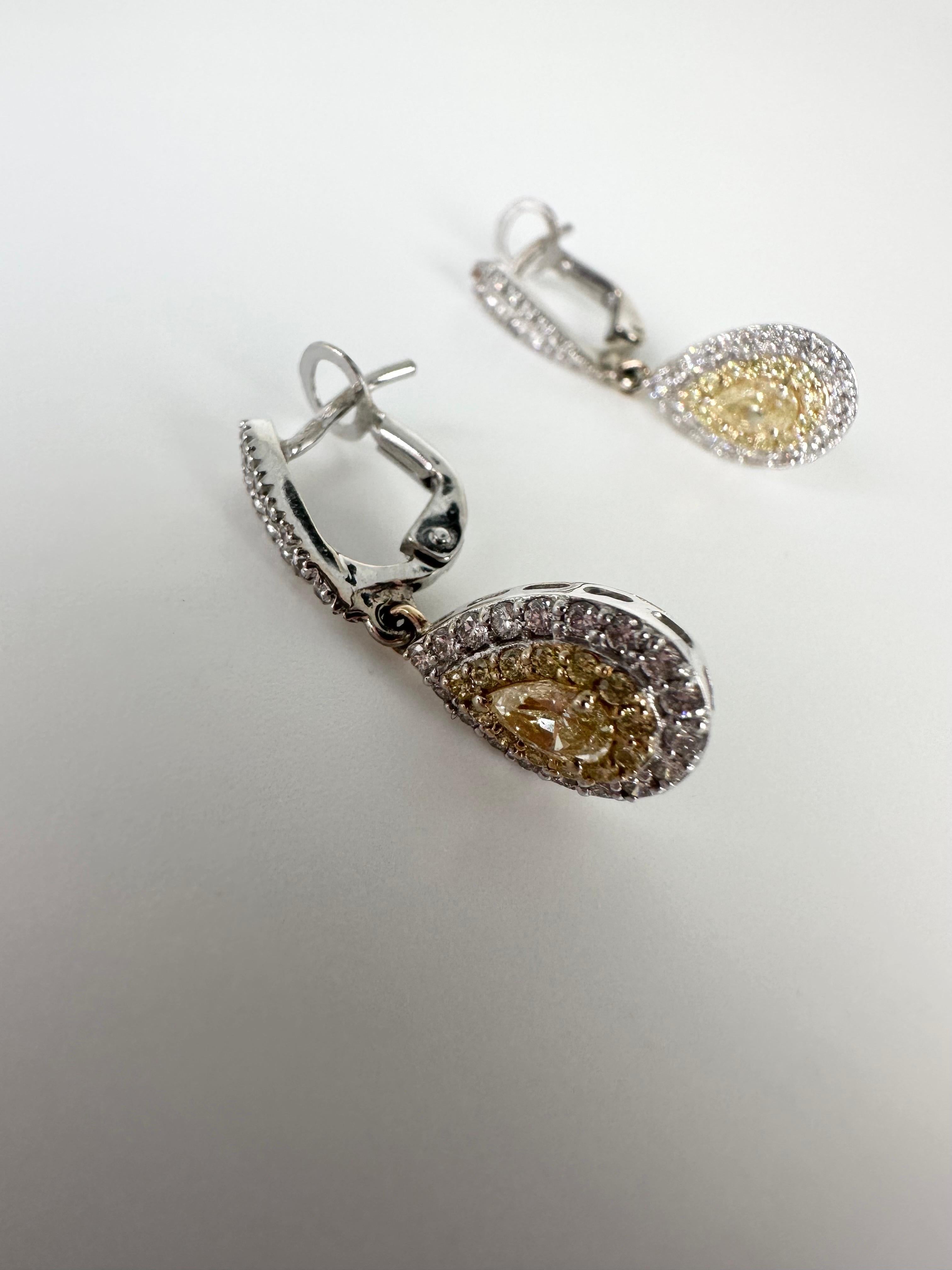 Fancy yellow diamond earrings 18KT 1.20ct diamond pear earrings For Sale 1