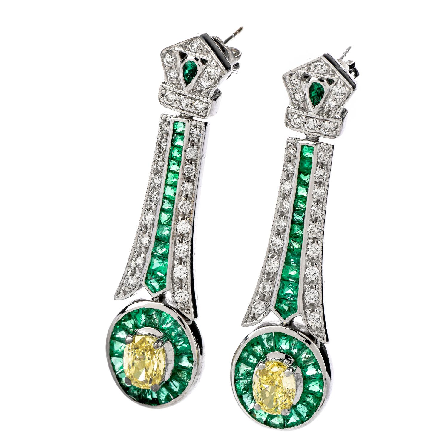 Retro Fancy Yellow Diamond and Emerald 18 Karat Gold Oval Drop Dangle Earrings