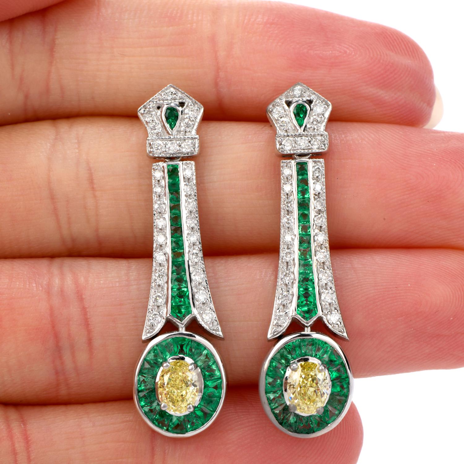 Fancy Yellow Diamond and Emerald 18 Karat Gold Oval Drop Dangle Earrings In Excellent Condition In Miami, FL