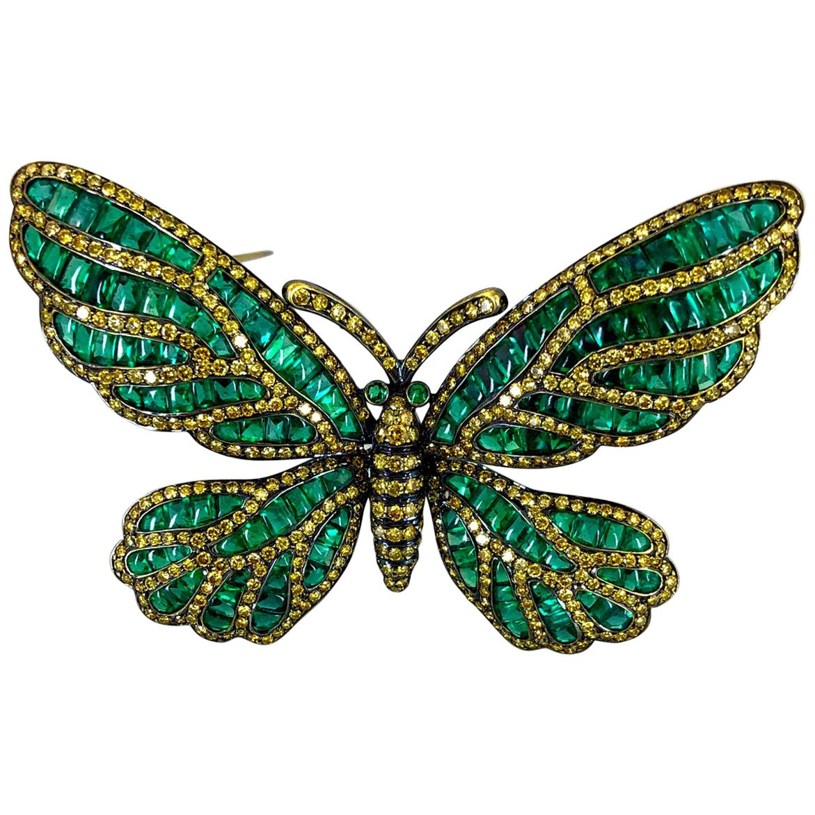 Fancy Yellow Diamond, Emerald Butterfly Brooch