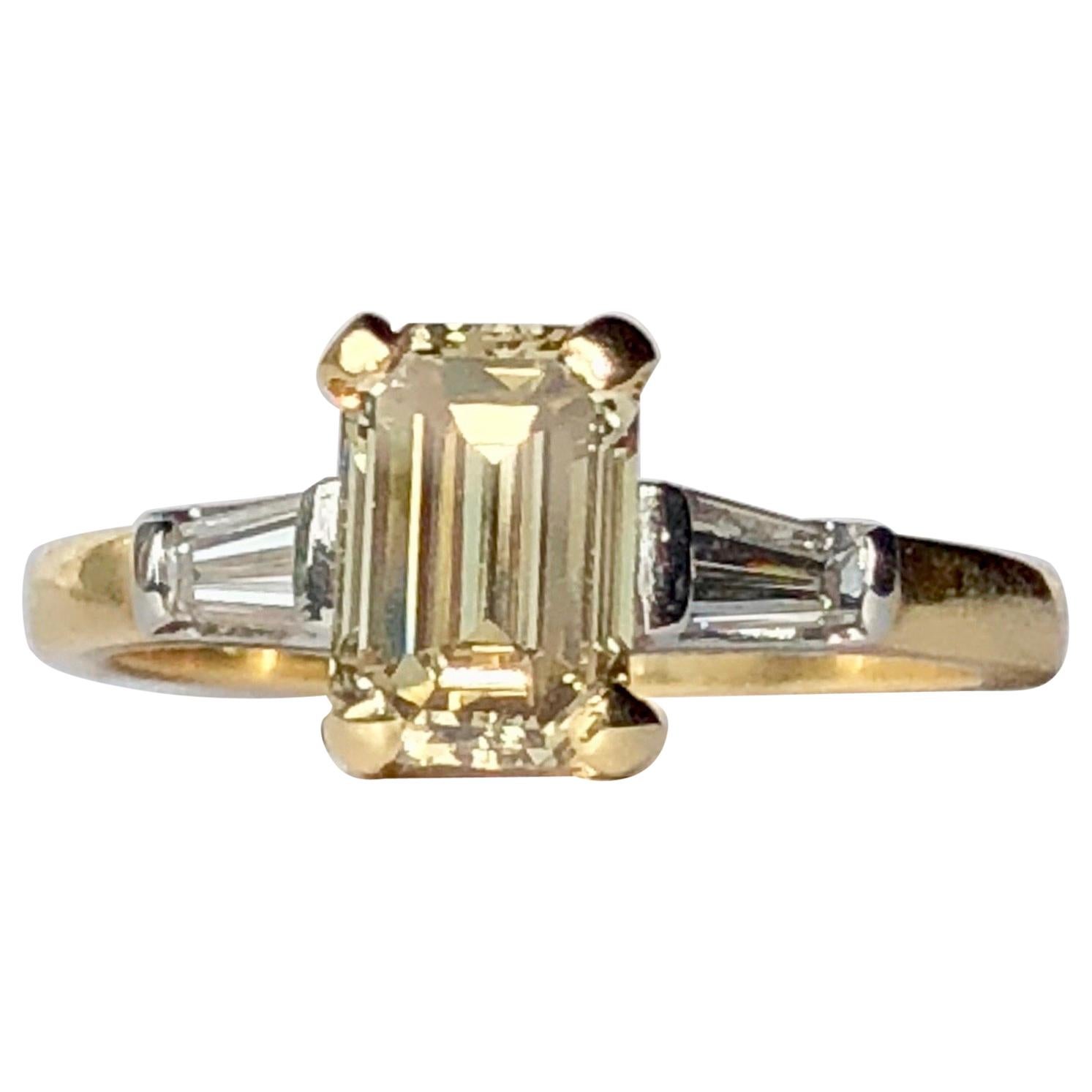 Fancy Yellow Diamond Emerald Cut 1.01 Baguette Shoulder Engagement Ring 18k Gold For Sale