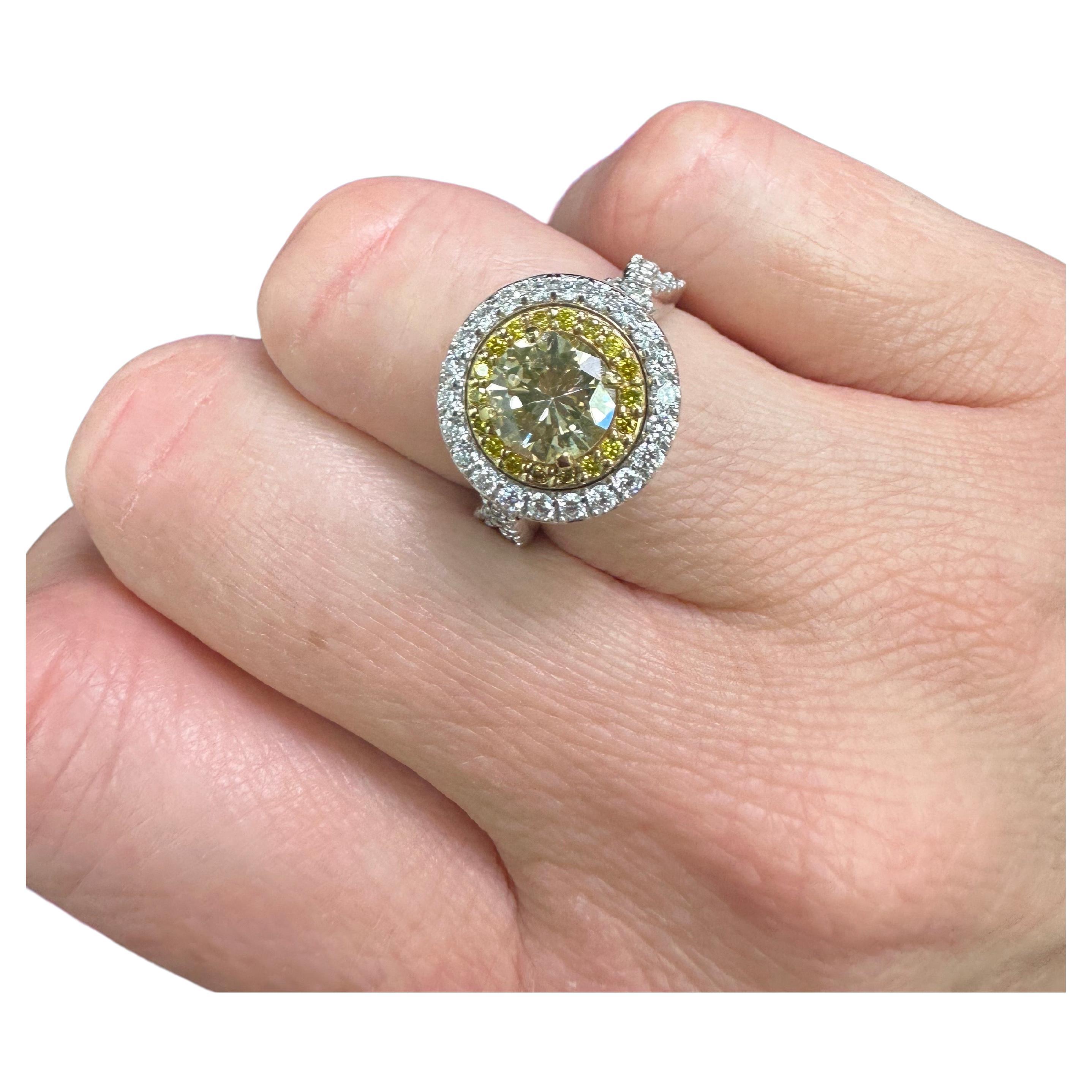 GIA certified Fancy Greenish Yellow Diamond Engagement Ring 18KT gold  For Sale