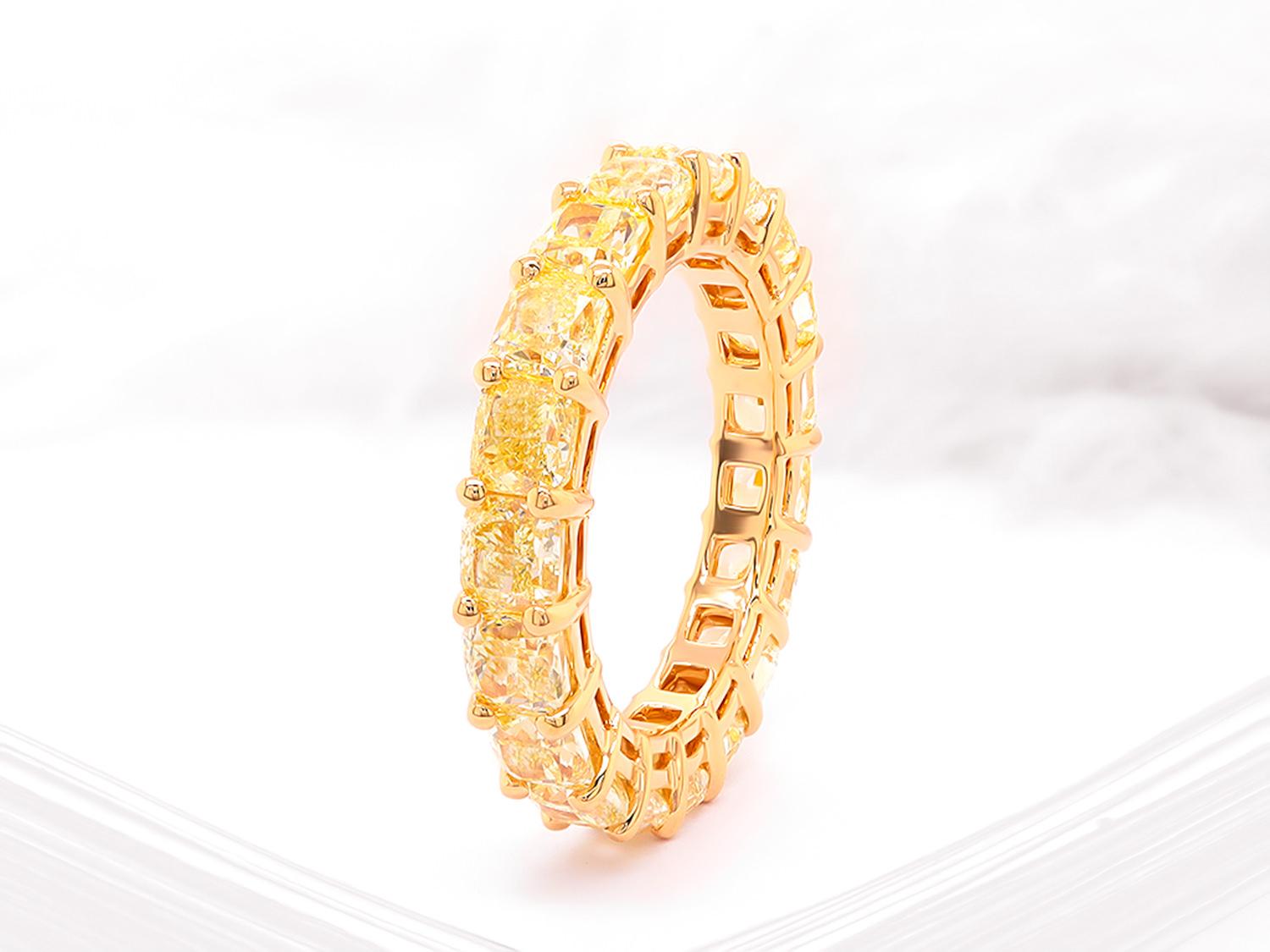 Princess Cut Fancy Yellow Diamond Eternity Band Ring 6.32 Carats 18K Yellow Gold For Sale