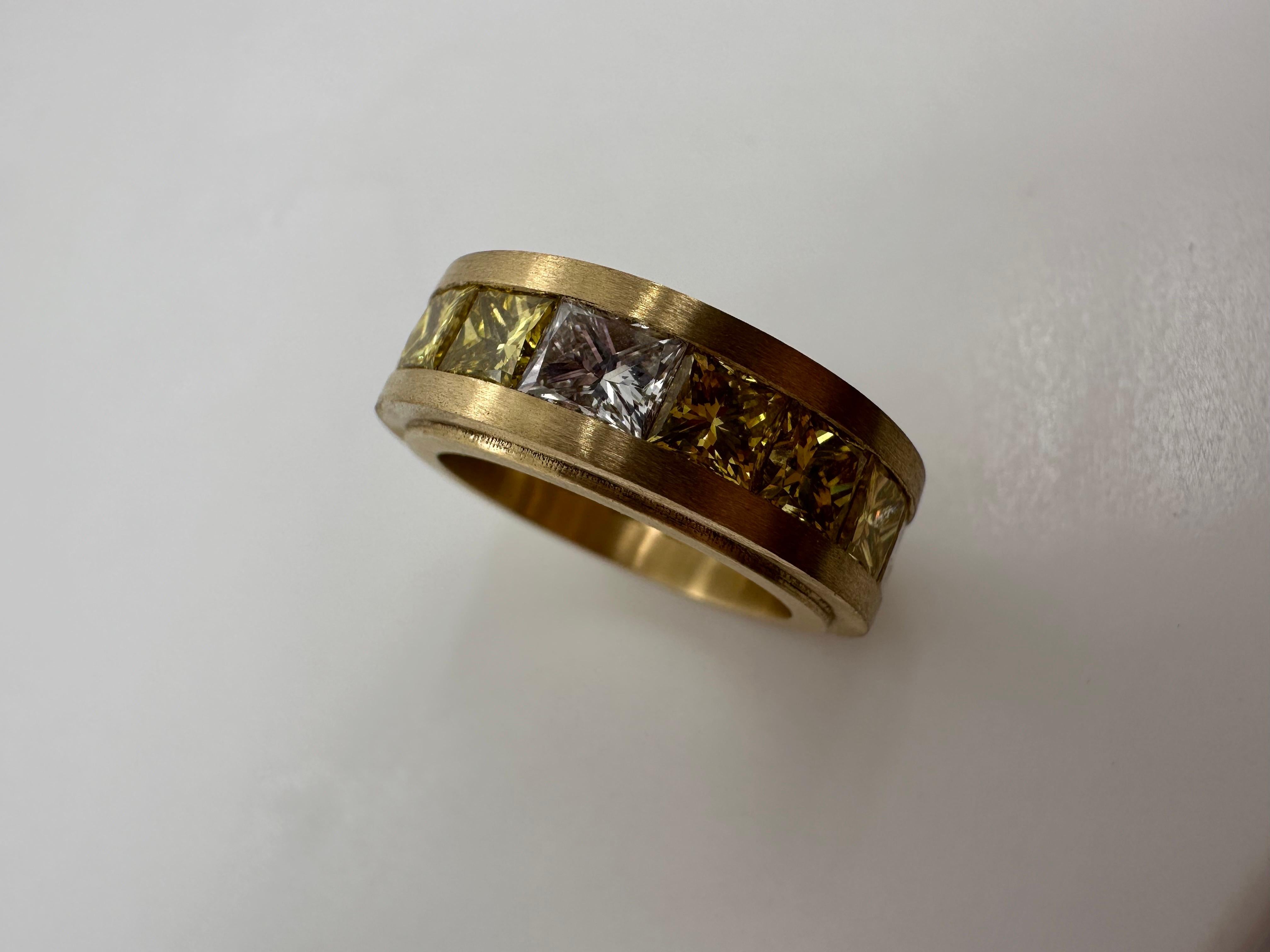 Fancy yellow diamond eternity ring 18KT yellow gold matte finish rare complex  For Sale 6