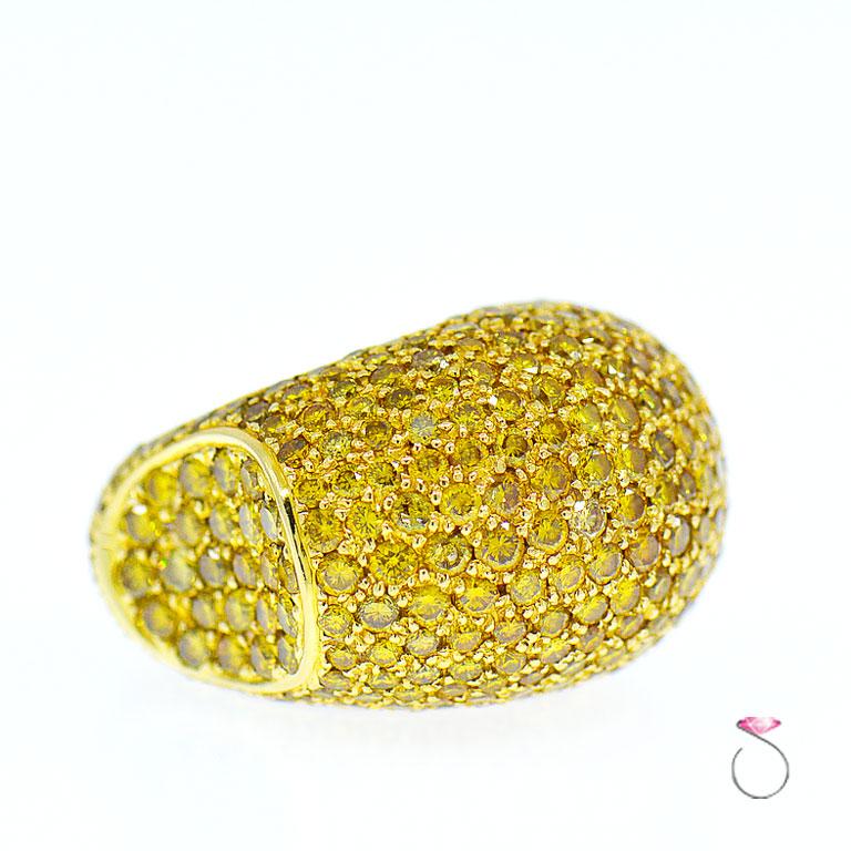 Modern Fancy Yellow Diamond Eternity Ring, Huge Dome 18 Karat Gold Ring 12 Carat For Sale