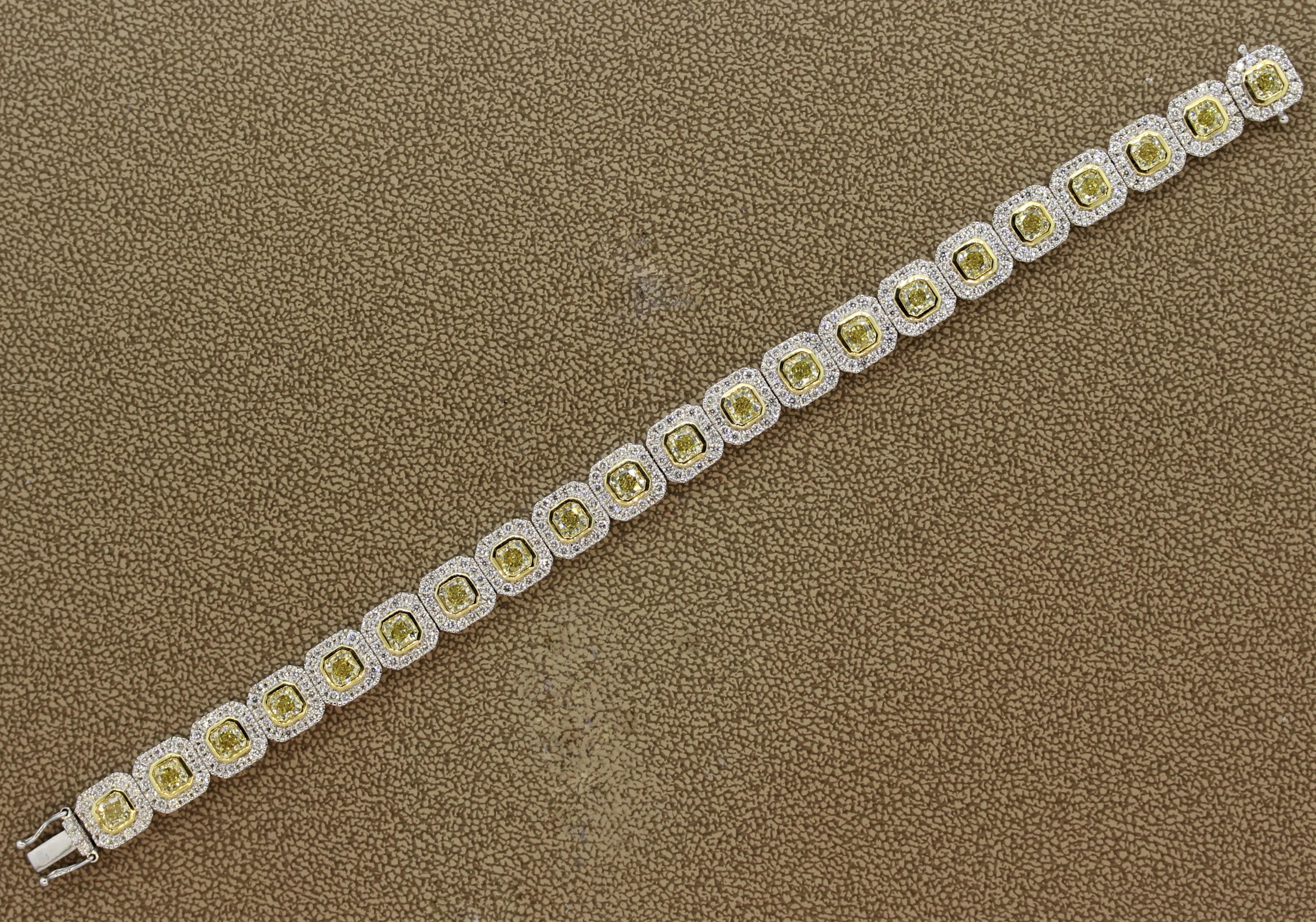 A unique take on the classic tennis bracelet, this piece features vivid yellow diamonds surrounded by classic white diamonds. The fancy yellow diamonds weigh a total of 6.70 carats and are bezel set. They are surrounded by a sea of round brilliant