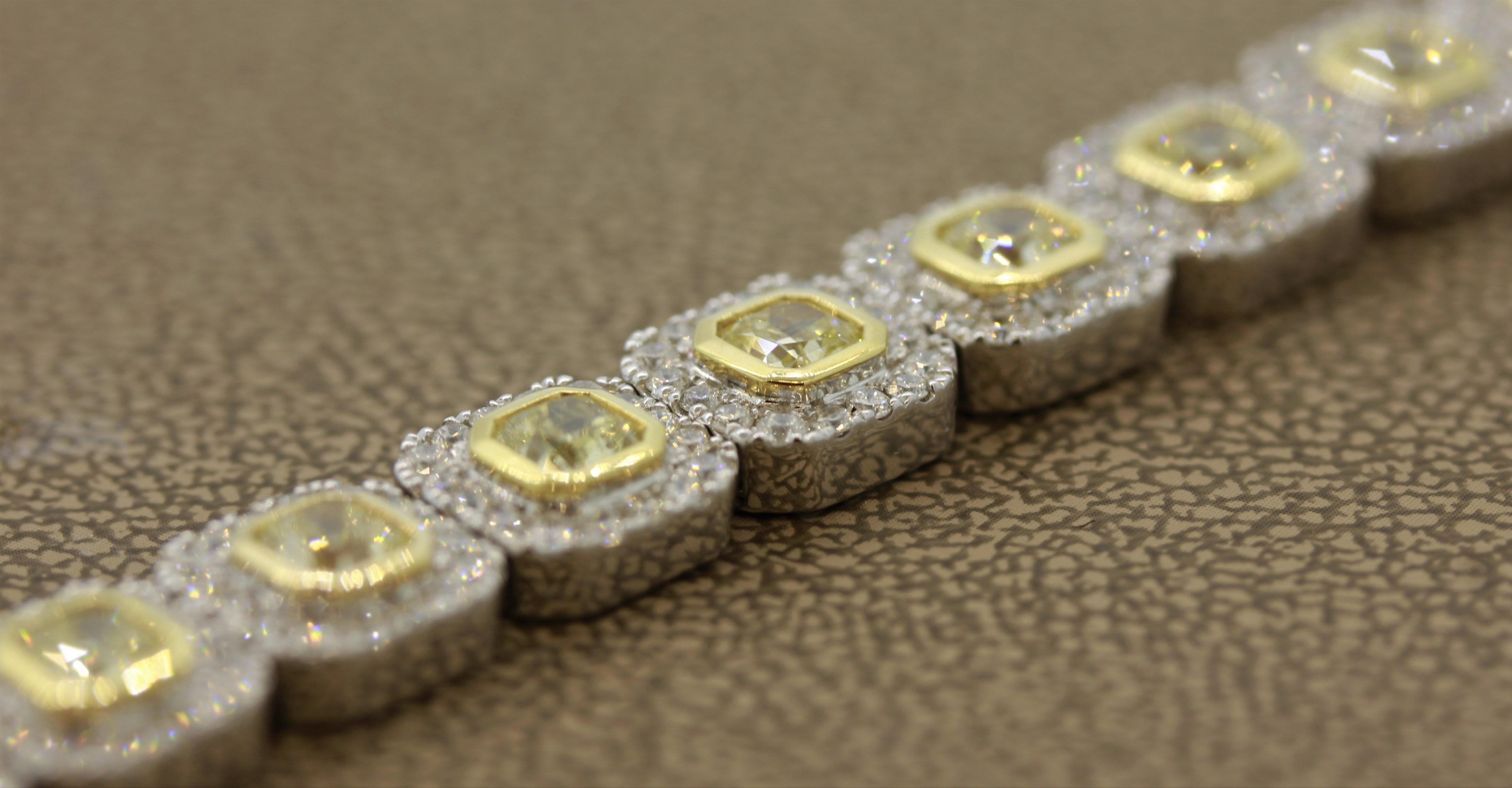 Asscher Cut Fancy Yellow Diamond Gold Tennis Bracelet