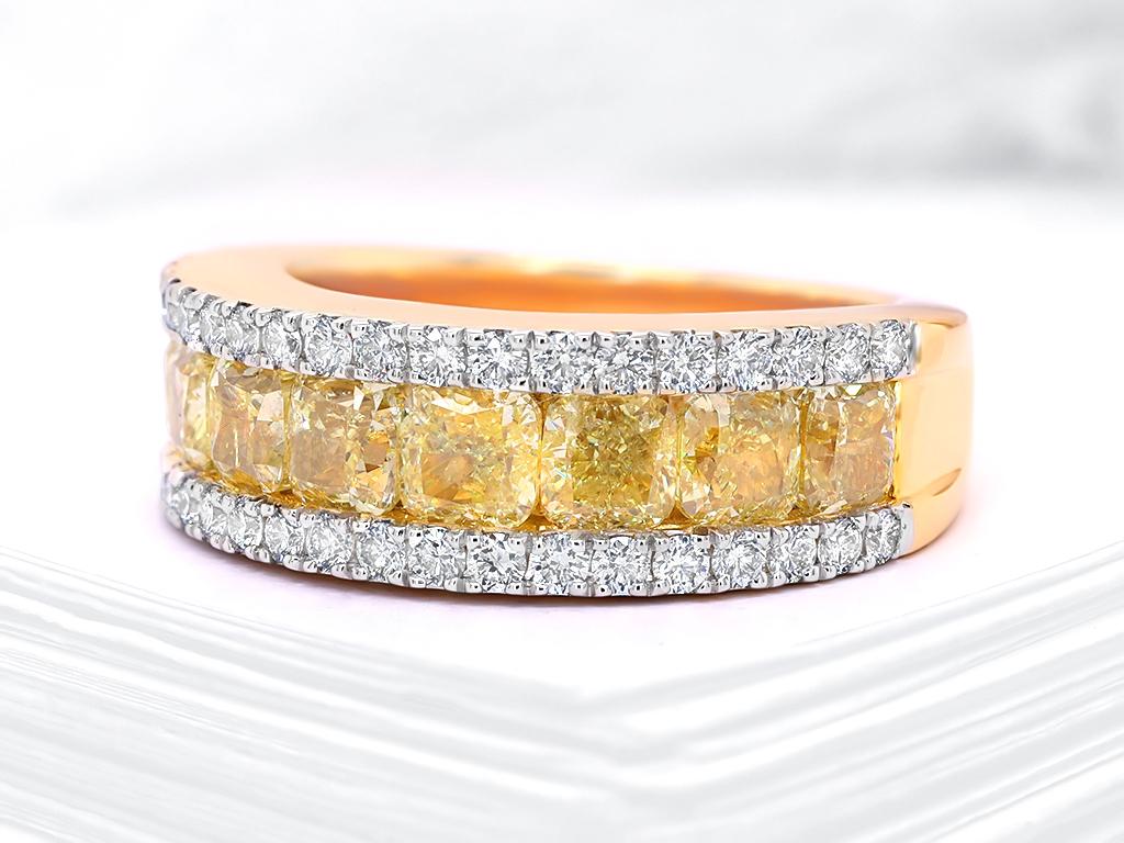 Cushion Cut Fancy Yellow Diamond Half Eternity Band Ring 3.83 Carats 18K Yellow Gold For Sale