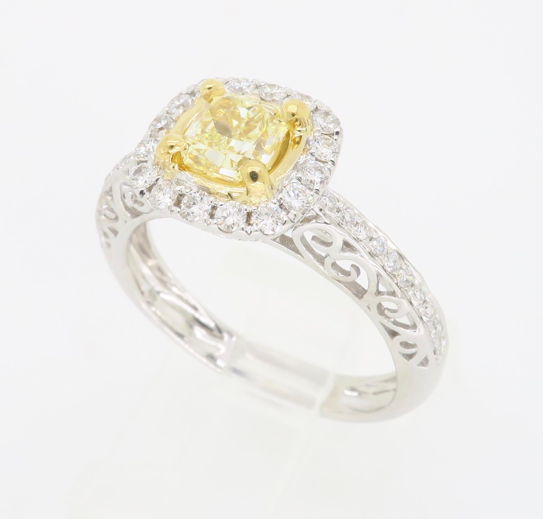 Fancy Yellow Diamond Halo Engagement Ring in 18k For Sale 5