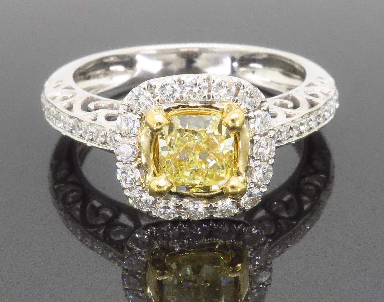 Fancy Yellow Diamond Halo Engagement Ring in 18k For Sale 7