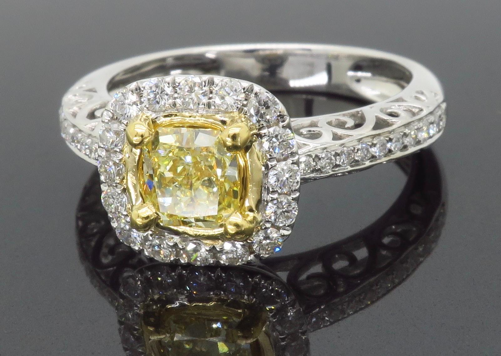 Fancy Yellow Diamond Halo Engagement Ring in 18k For Sale 8