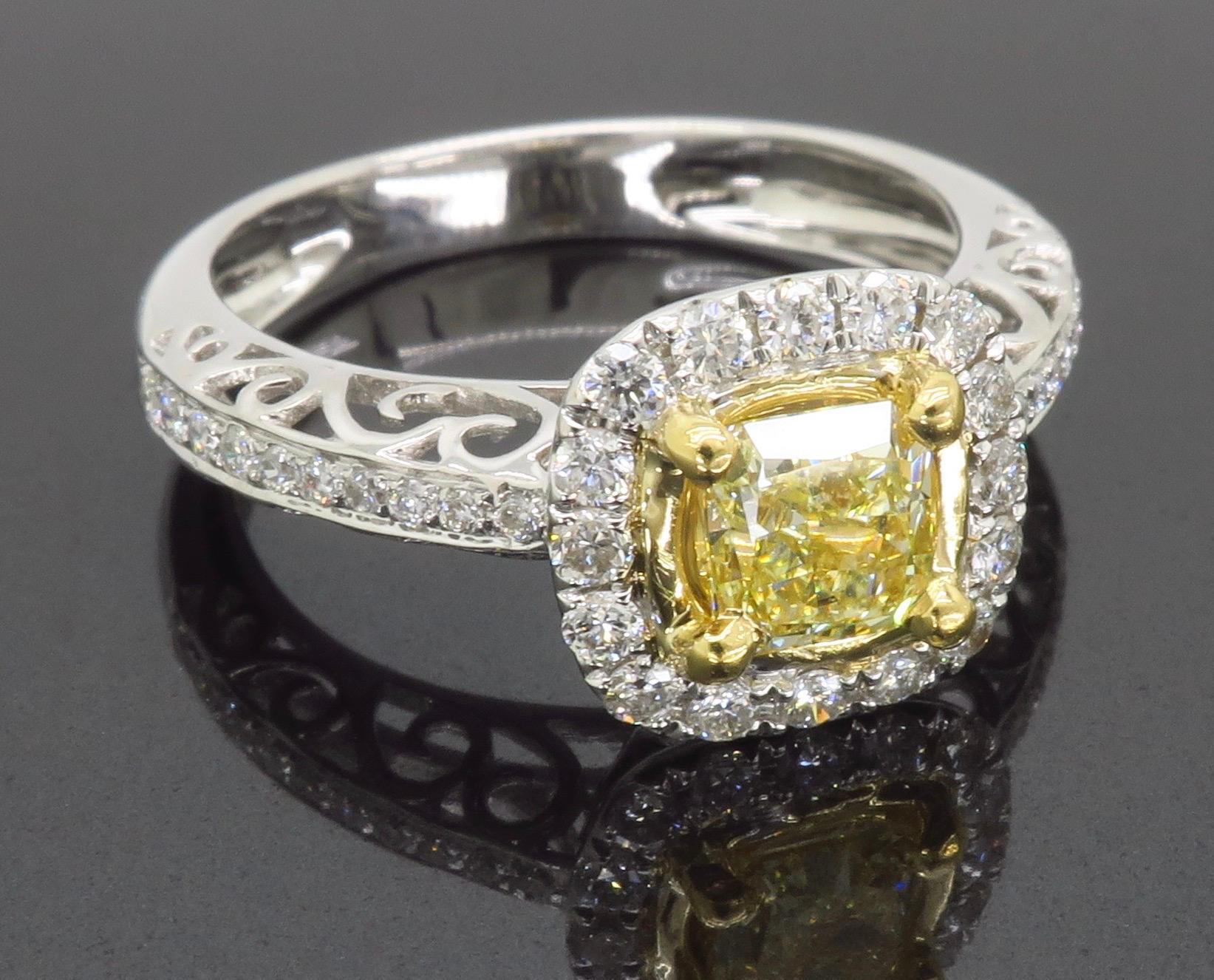 Fancy Yellow Diamond Halo Engagement Ring in 18k For Sale 9