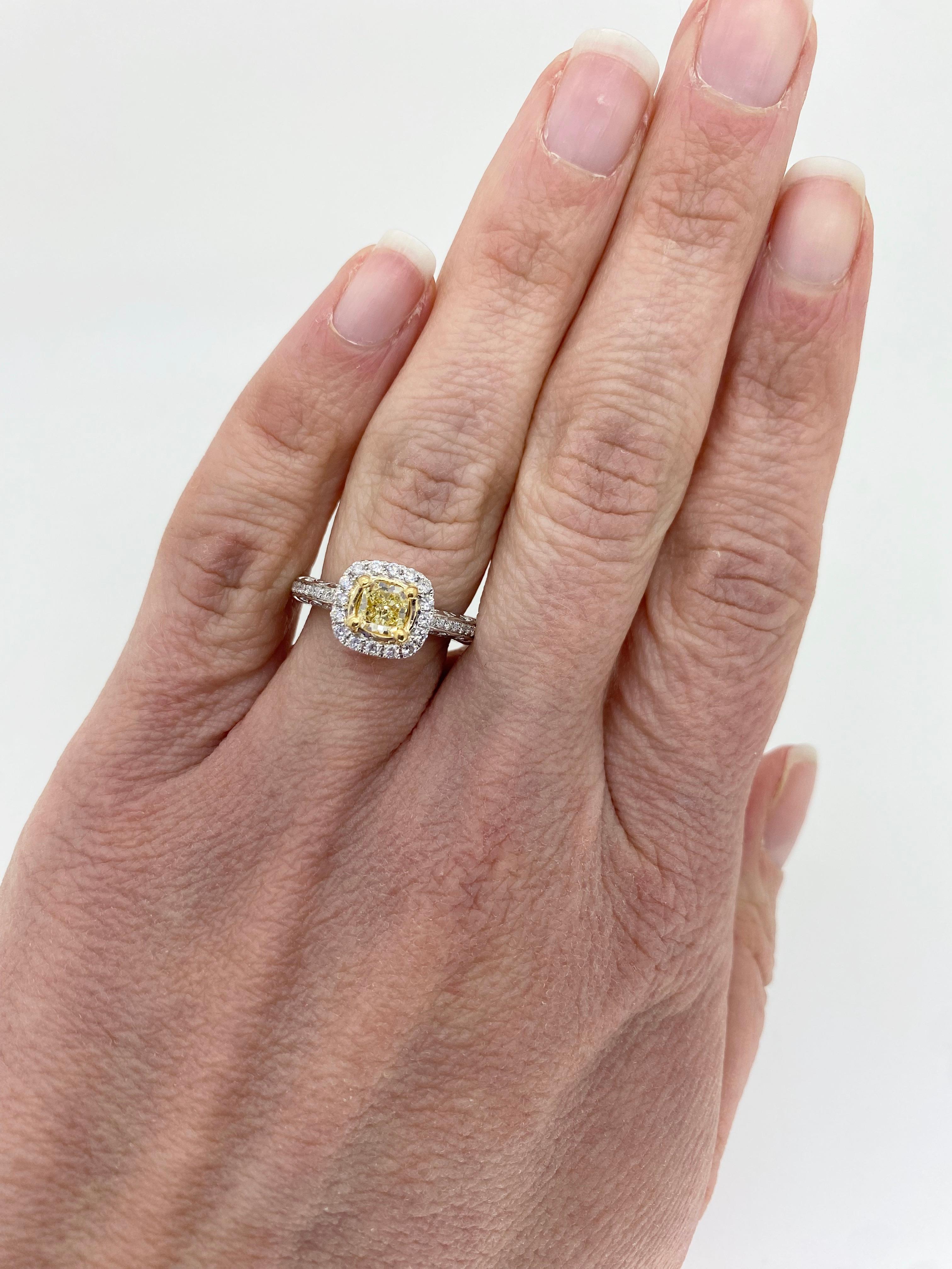 Fancy Yellow Diamond Halo Engagement Ring in 18k For Sale 10