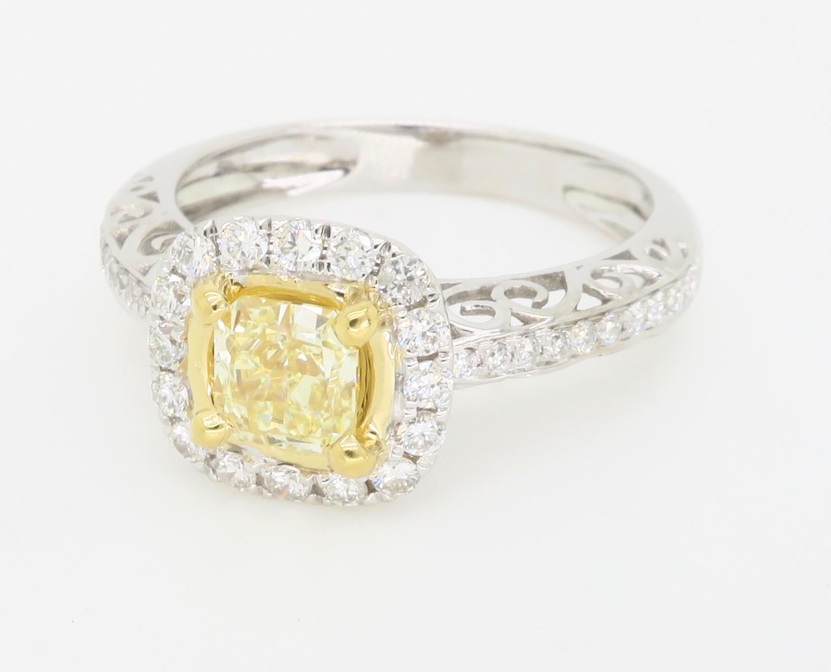 Cushion Cut Fancy Yellow Diamond Halo Engagement Ring in 18k For Sale