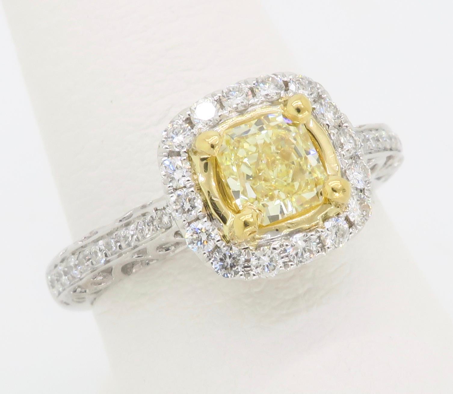 Fancy Yellow Diamond Halo Engagement Ring in 18k For Sale 1