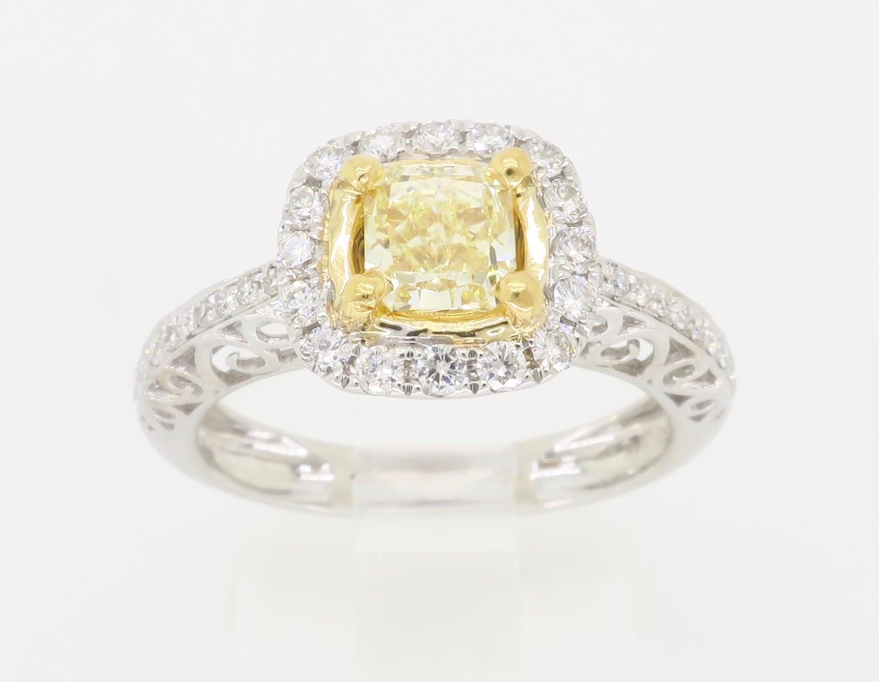 Fancy Yellow Diamond Halo Engagement Ring in 18k For Sale 2