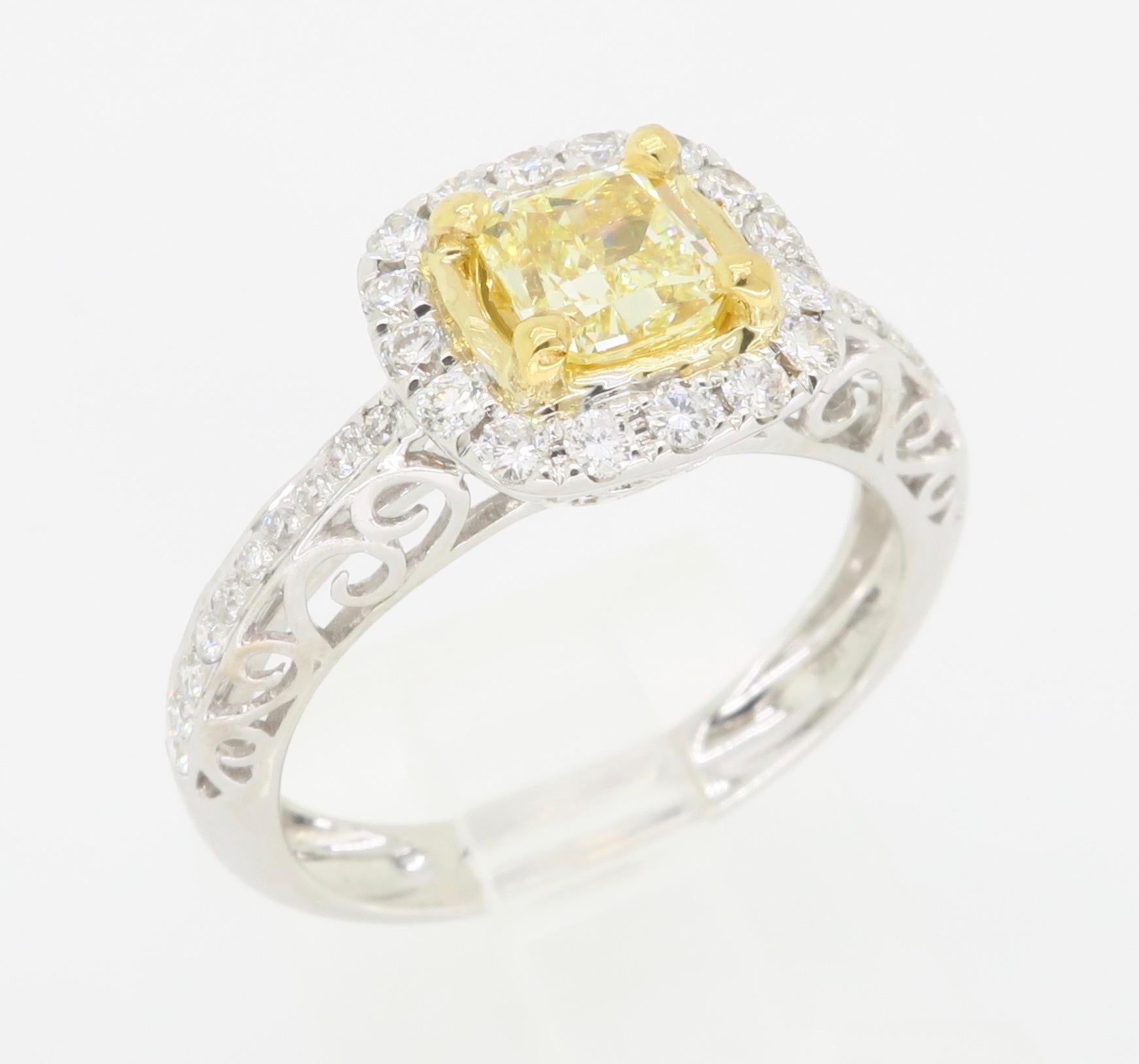 Fancy Yellow Diamond Halo Engagement Ring in 18k For Sale 3