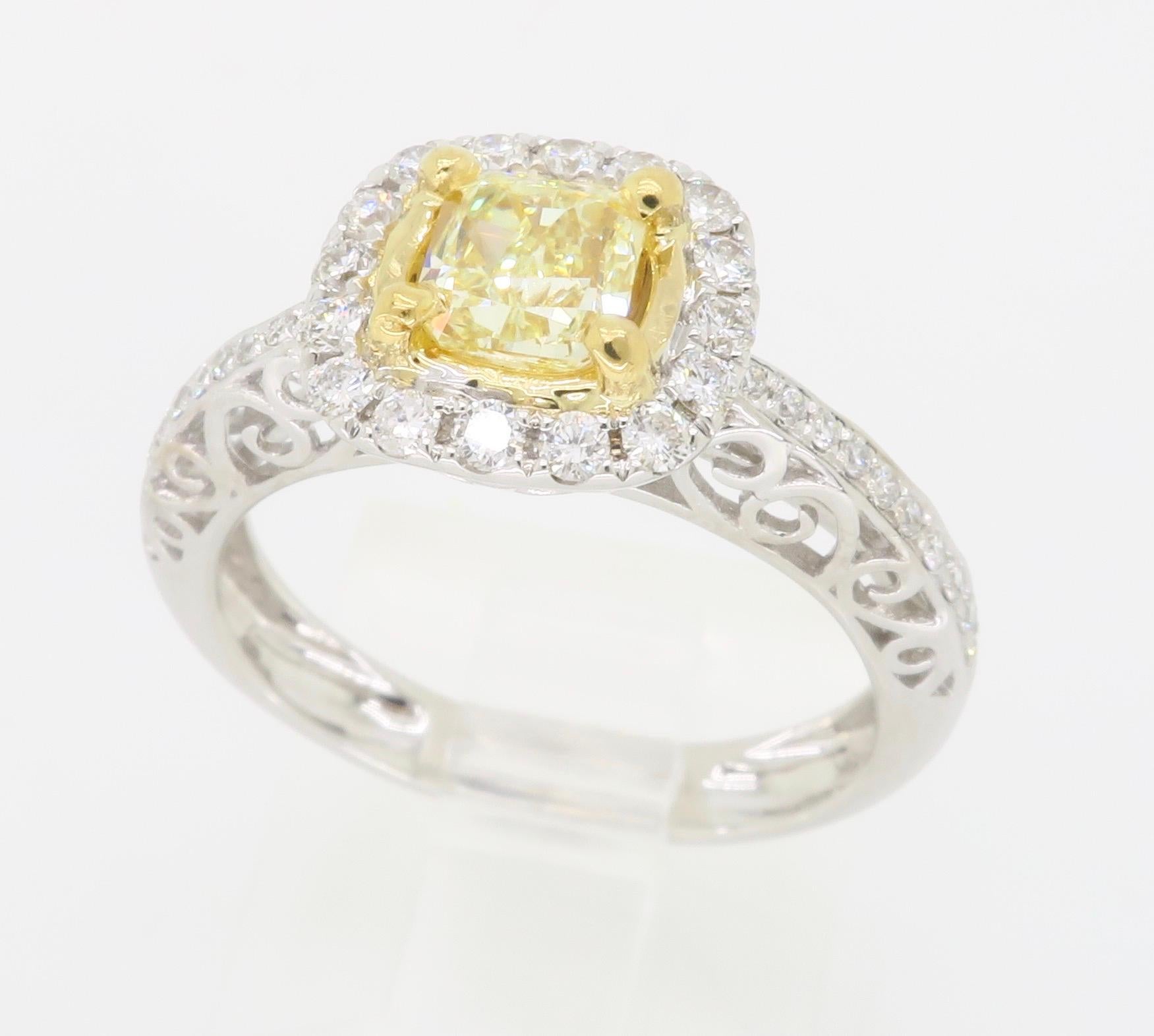 Fancy Yellow Diamond Halo Engagement Ring in 18k For Sale 4
