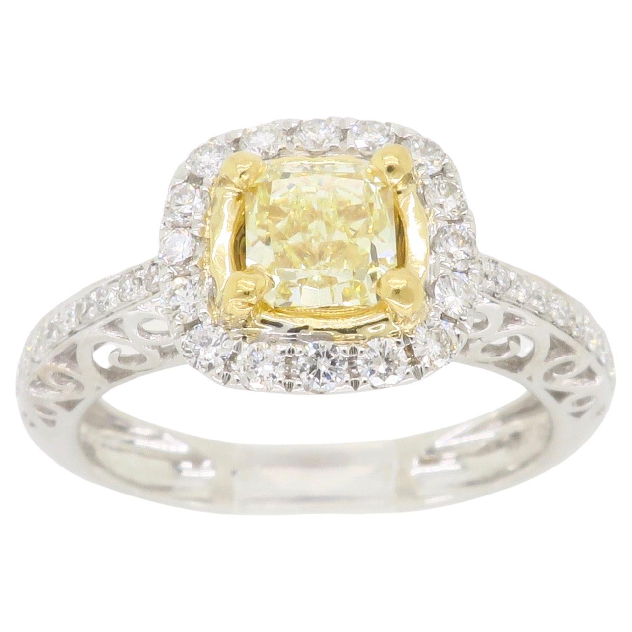 Fancy Yellow Diamond Halo Engagement Ring in 18k For Sale