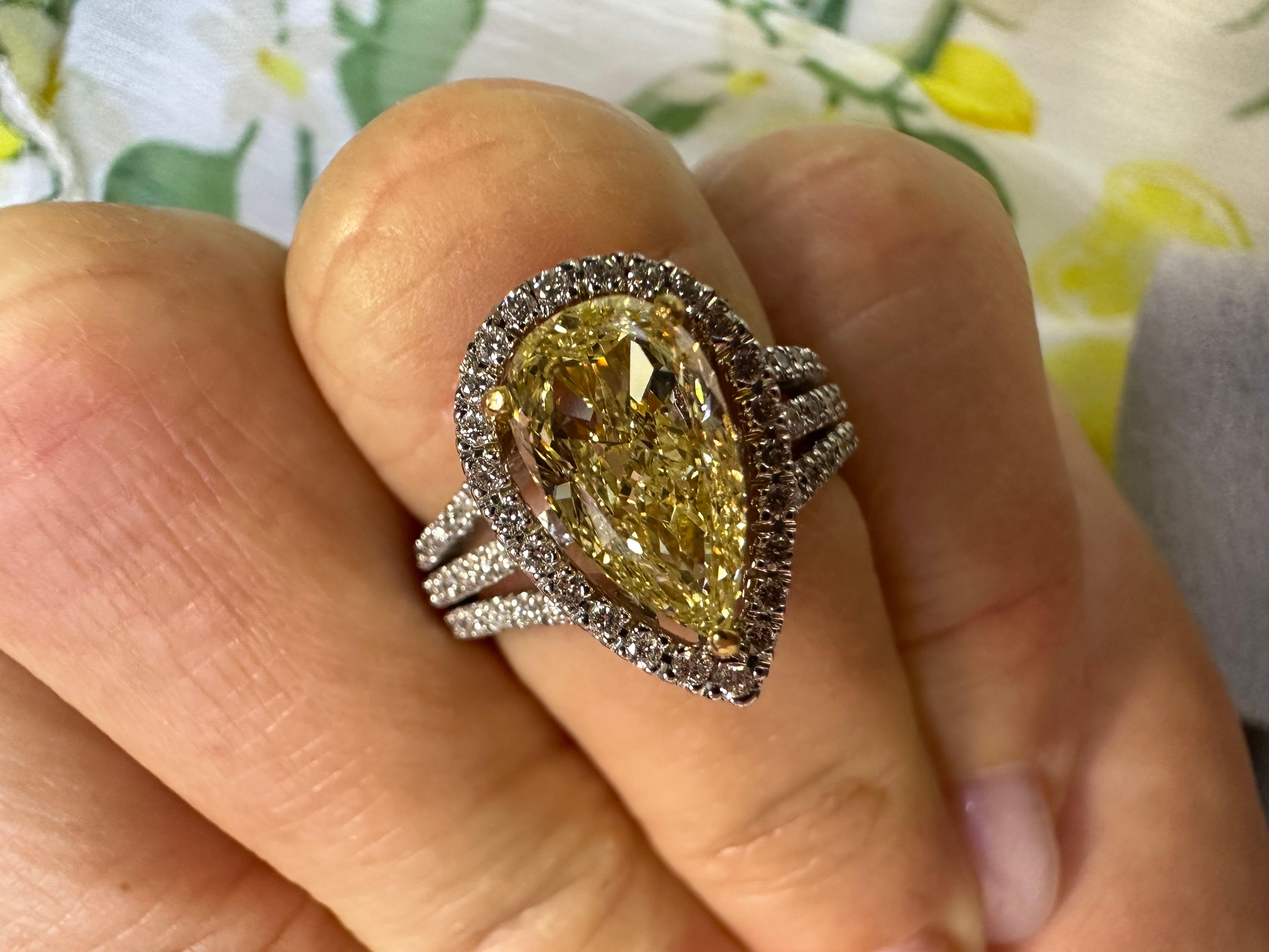 Fancy Yellow diamond halo ring 18KT white gold  For Sale 1