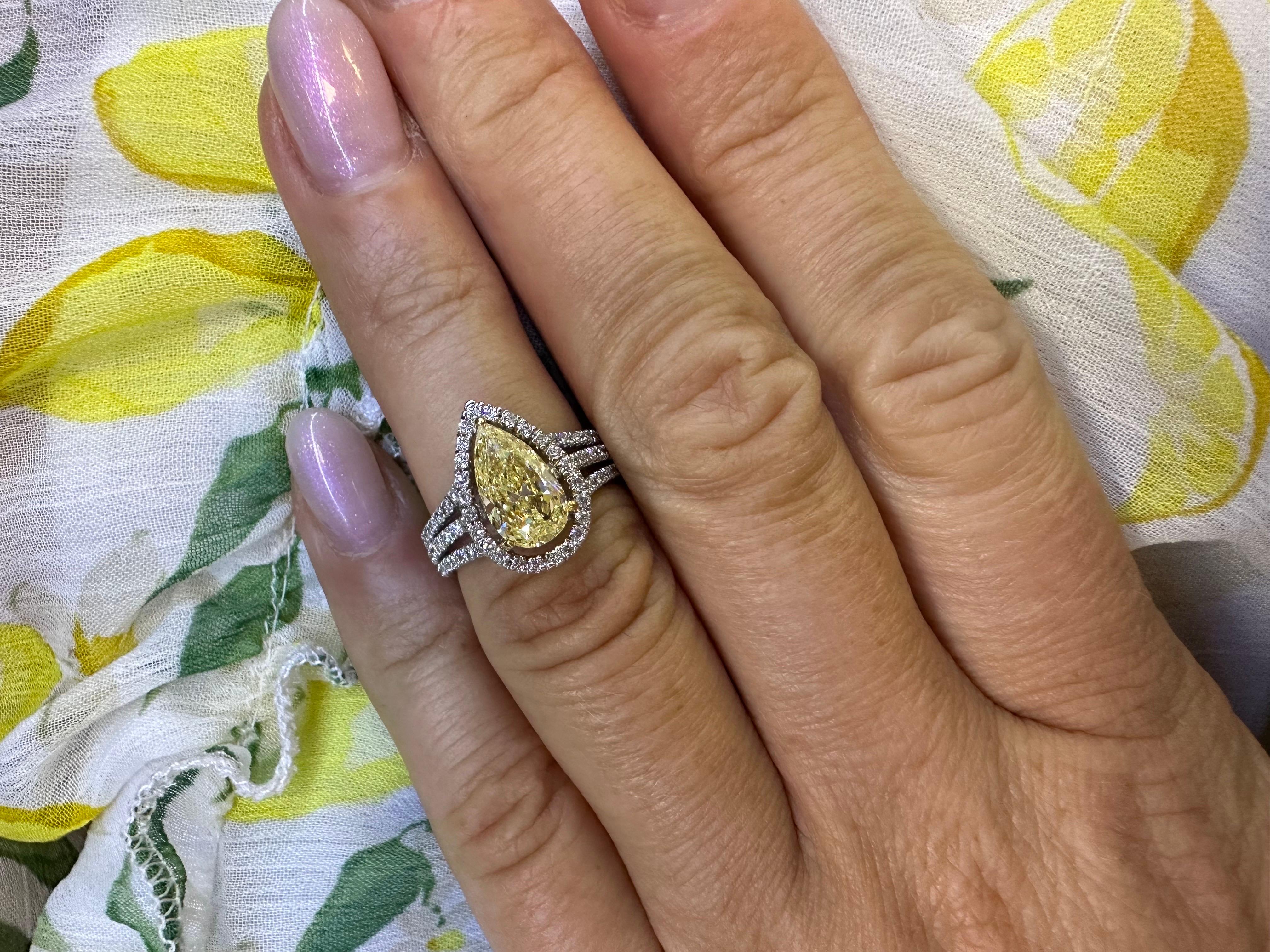 Fancy Yellow diamond halo ring 18KT white gold  For Sale 2