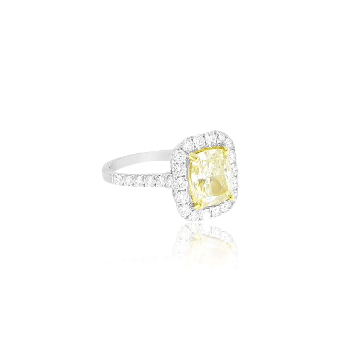 Modernist Fancy Yellow Diamond Halo Ring 'AIGI Certified' For Sale