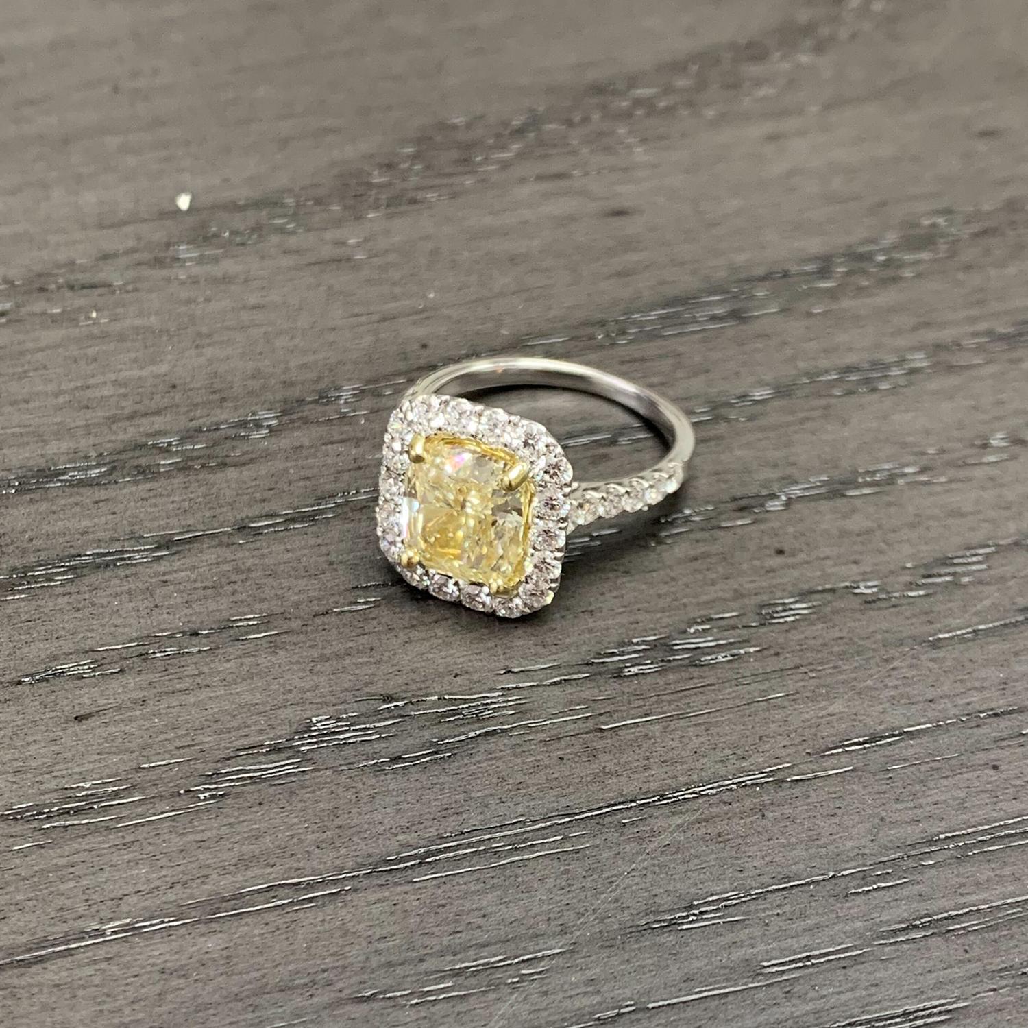 Fancy Yellow Diamond Halo Ring 'AIGI Certified' For Sale 1
