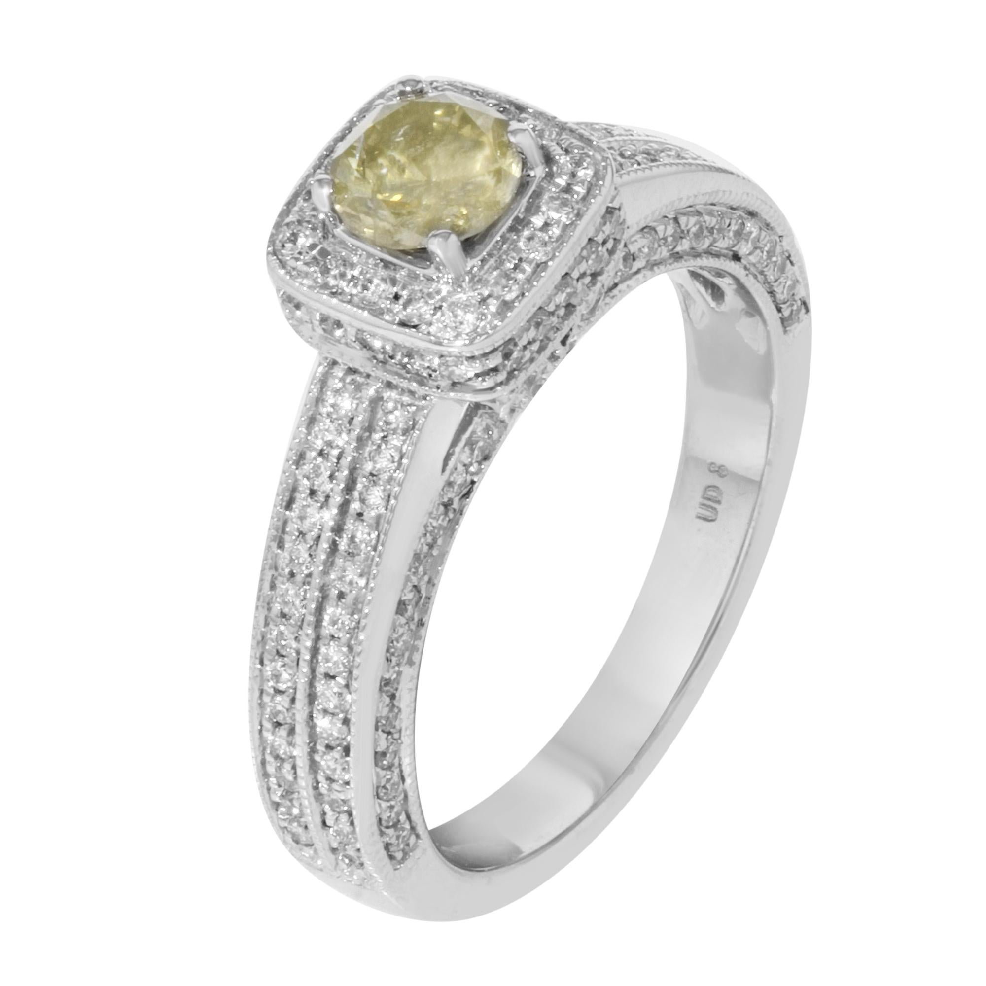 This fancy yellowdiamond halo engagement ring from our Rachel Koen Bridal Collection could be a great option to celebrate the day you exchange vows with the love of your life. The ring is crafted in 14k white gold. The beautiful yellow round cut