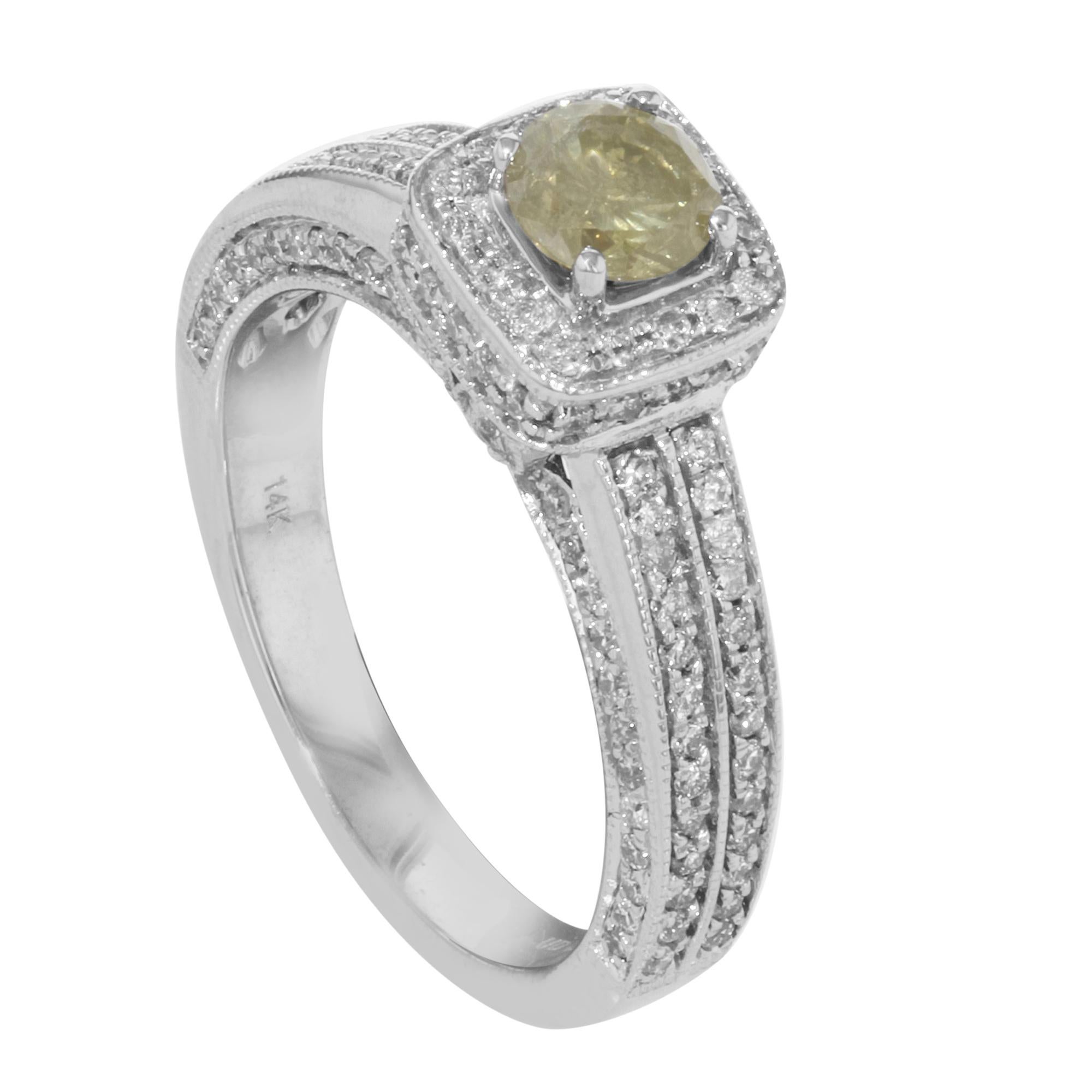 Modern Fancy Yellow Diamond Halo Set Engagement Ring 14K White Gold 1.92 Cttw SZ 7 For Sale