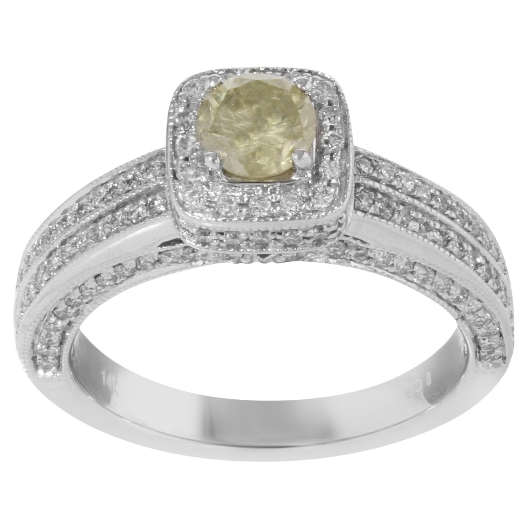 Fancy Yellow Diamond Halo Set Engagement Ring 14K White Gold 1.92 Cttw SZ 7 For Sale