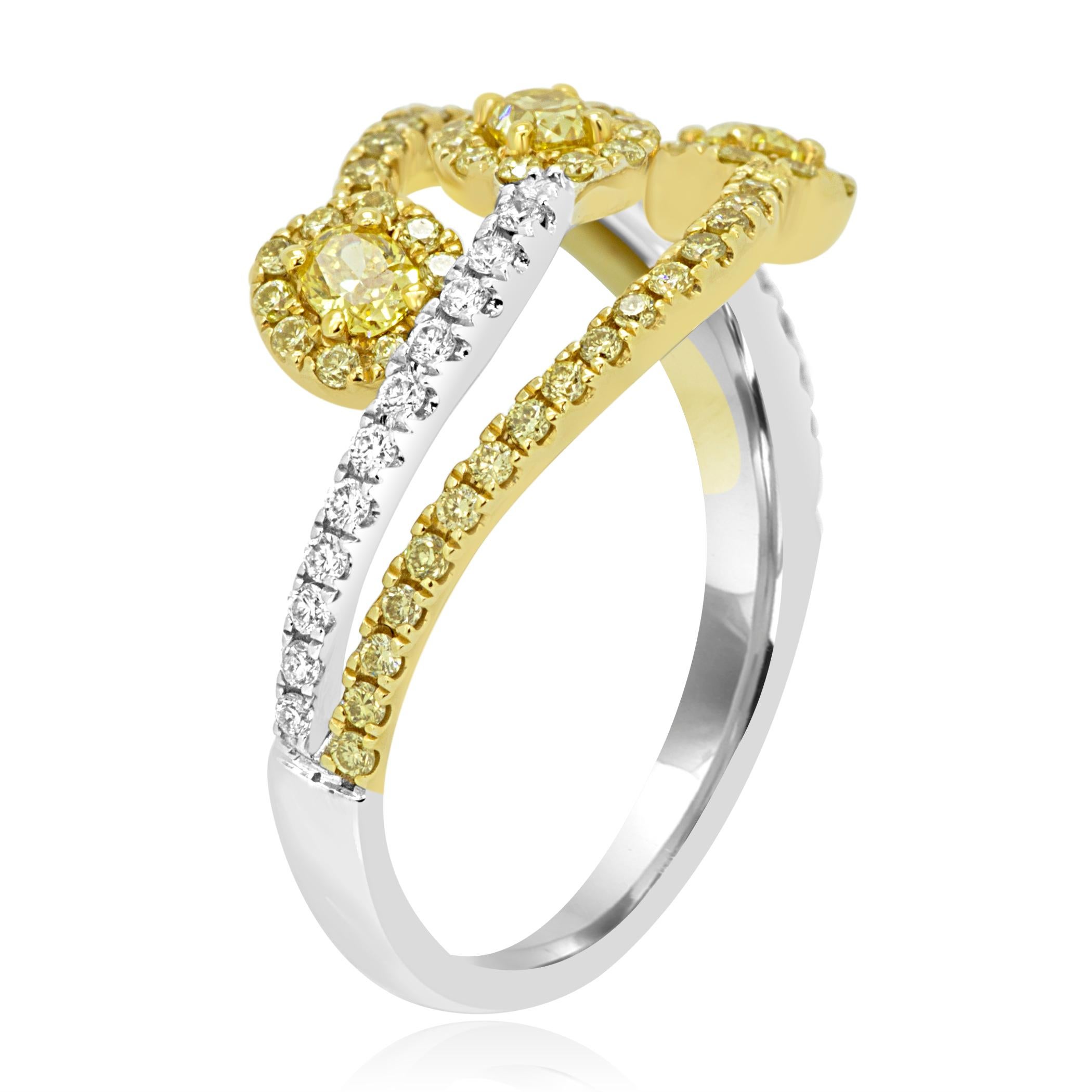 Contemporary Fancy Yellow Diamond Halo Three-Stone Fashion Cocktail Two-Color Gold Ring