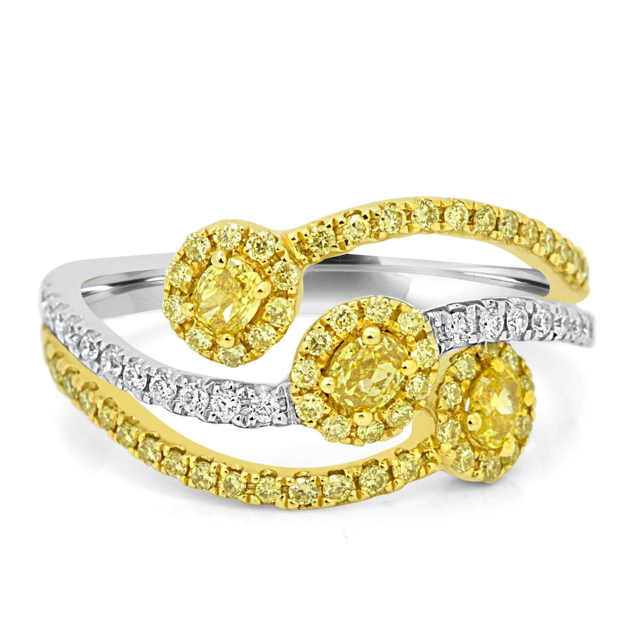 Oval Cut Fancy Yellow Diamond Halo Three-Stone Fashion Cocktail Two-Color Gold Ring