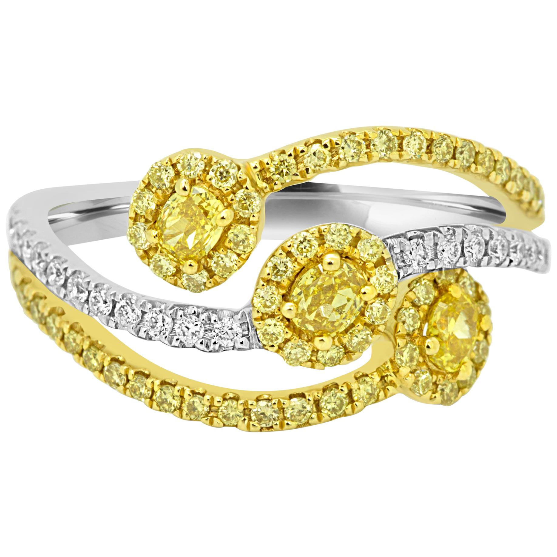 Fancy Yellow Diamond Halo Three-Stone Fashion Cocktail Two-Color Gold Ring