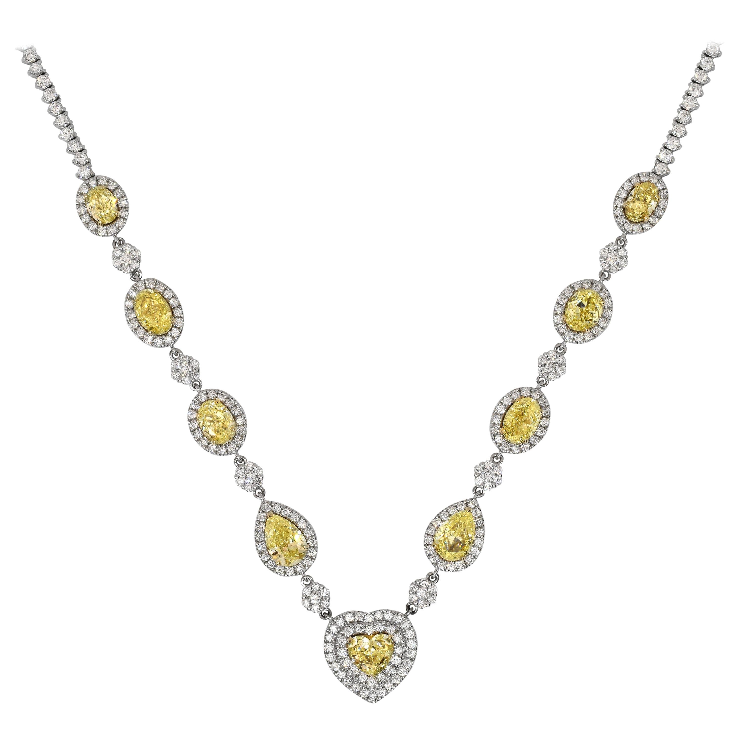 Fancy Yellow Diamond Heart, Pear, Oval Riviera Necklace 18 Karat 14.66 Carat