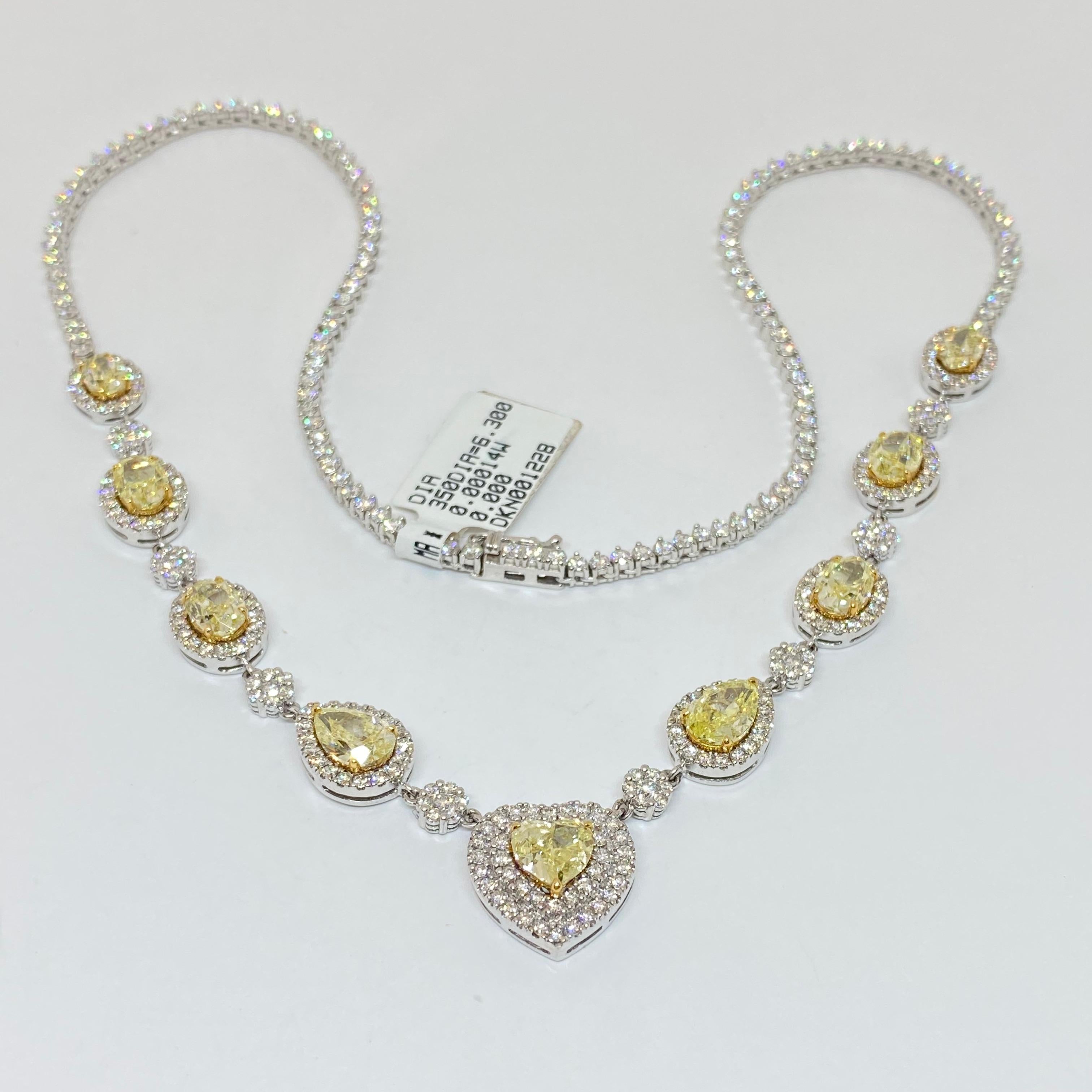 Pear Cut Fancy Yellow Diamond Heart, Pear, Oval Riviera Necklace 18 Karat 14.66 Carat