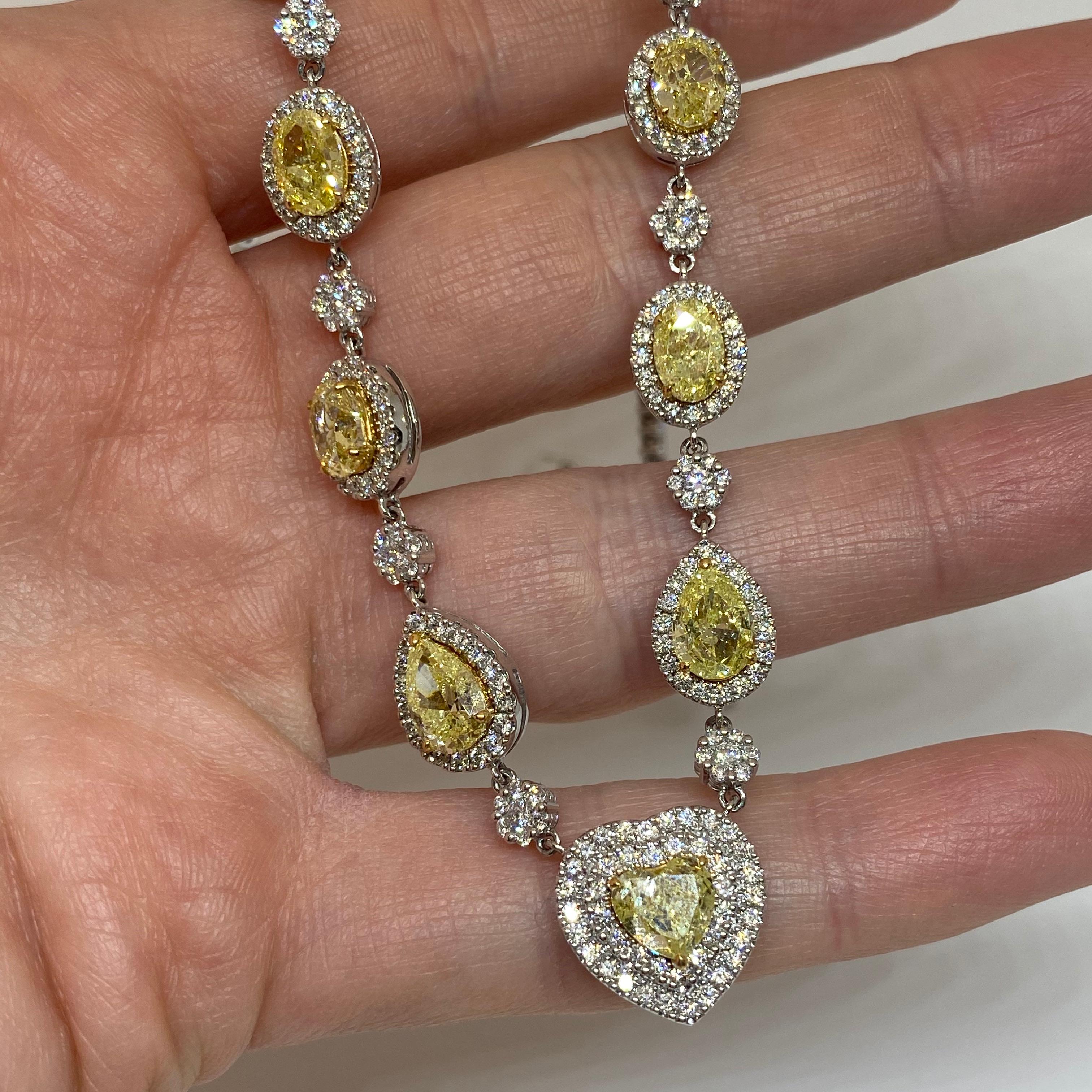 Women's Fancy Yellow Diamond Heart, Pear, Oval Riviera Necklace 18 Karat 14.66 Carat