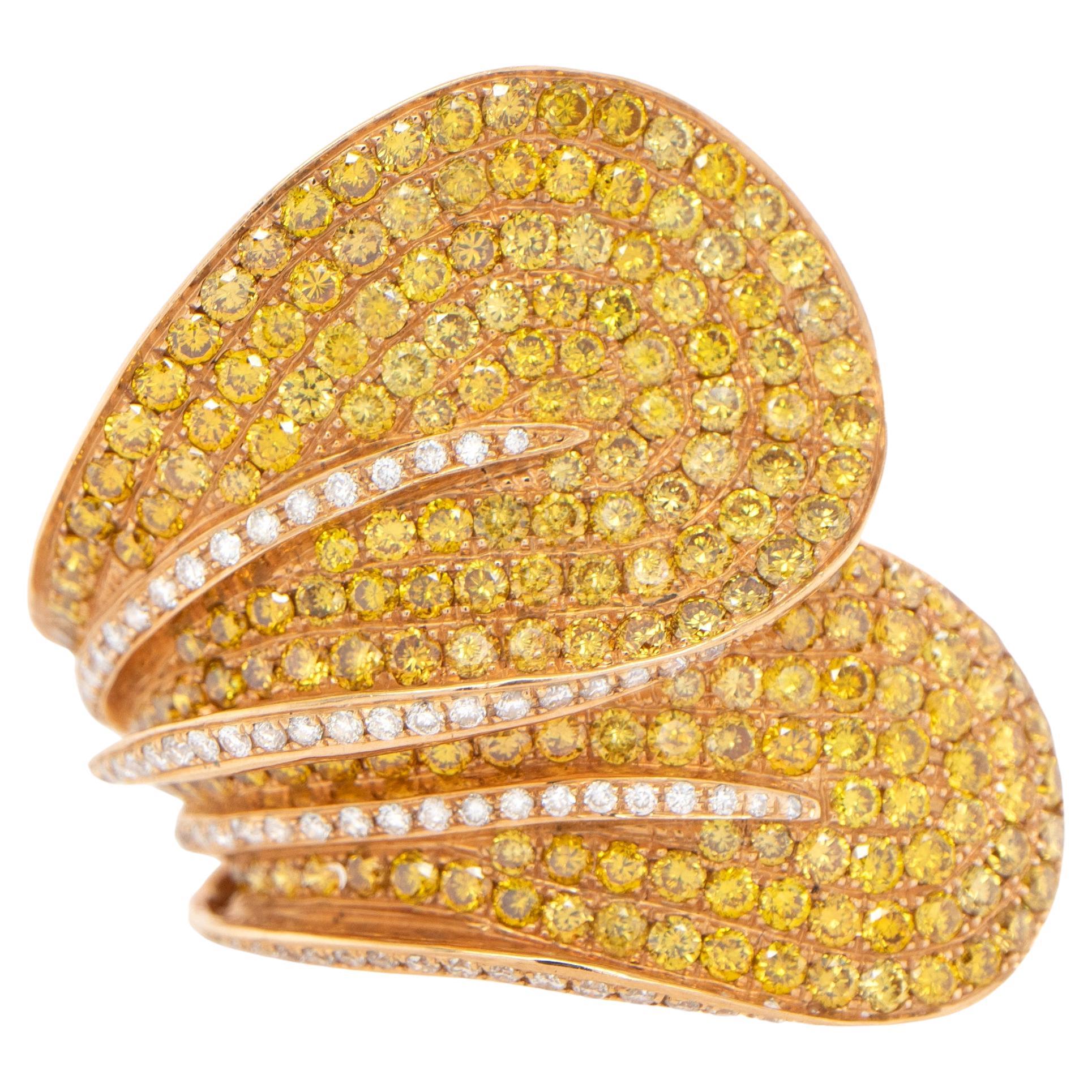 Fancy Yellow Diamond Leaf Cocktail Ring 3.7 Carats 18K Gold For Sale