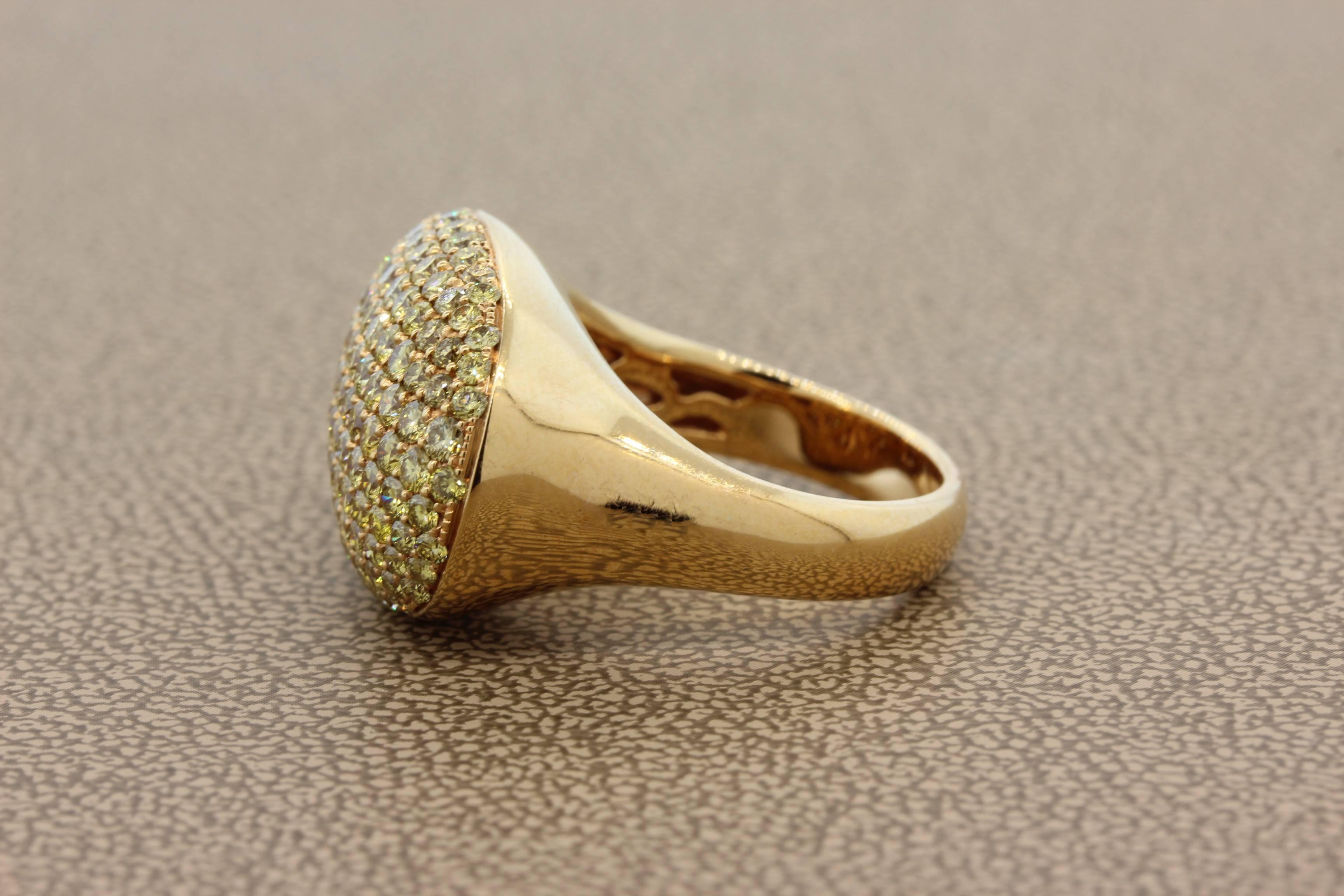Round Cut Fancy Yellow Diamond Pave Gold Dome Ring For Sale