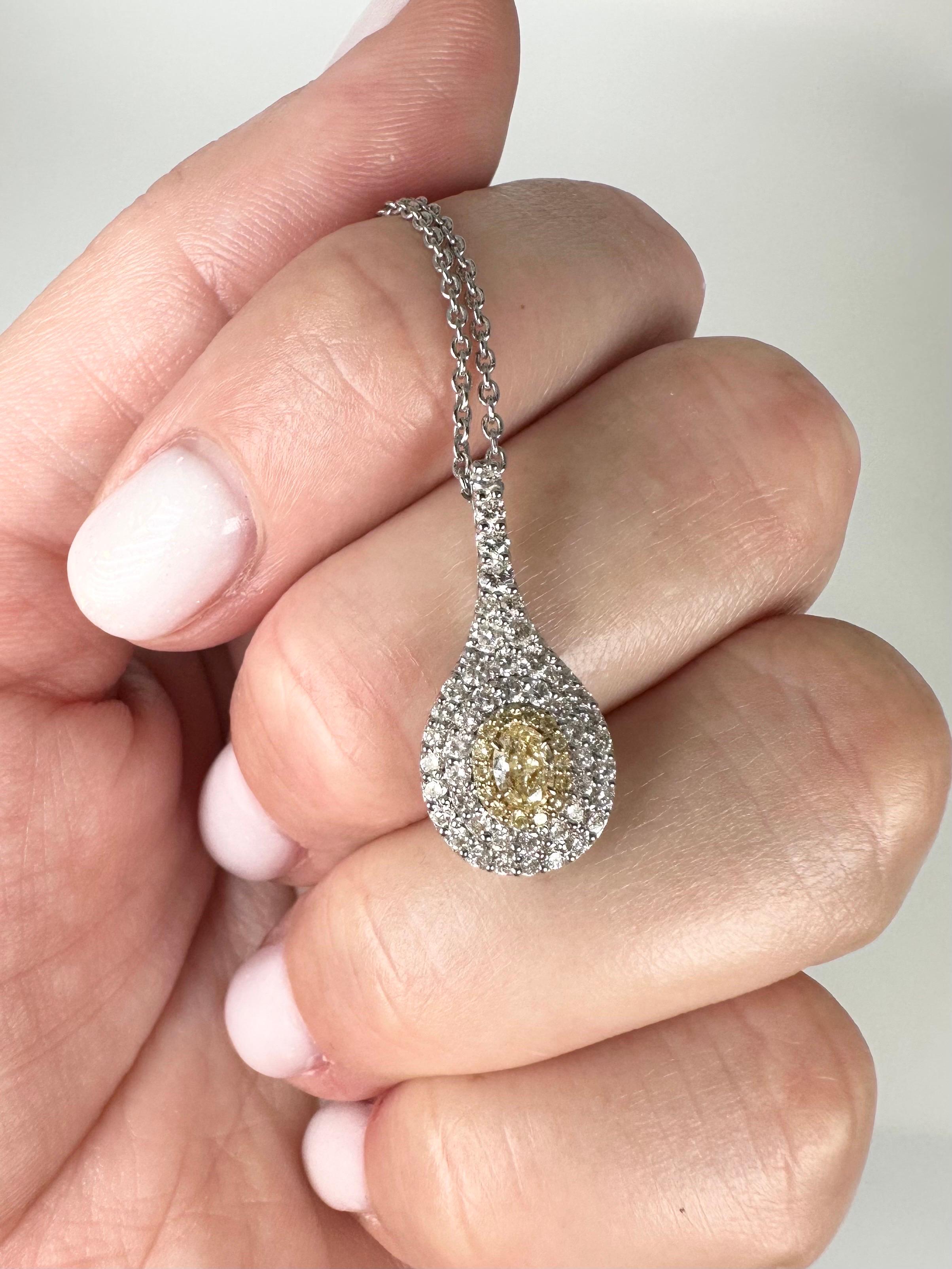 Fancy yellow diamond pendant necklace in 18KT white gold, stunning classical pendant that will complement any outfit!

GOLD: 18KT gold
NATURAL DIAMOND(S)
Clarity/Color: VS/G
Carat:0.30ct
Cut:Round Brilliant
NATURAL YELLOW