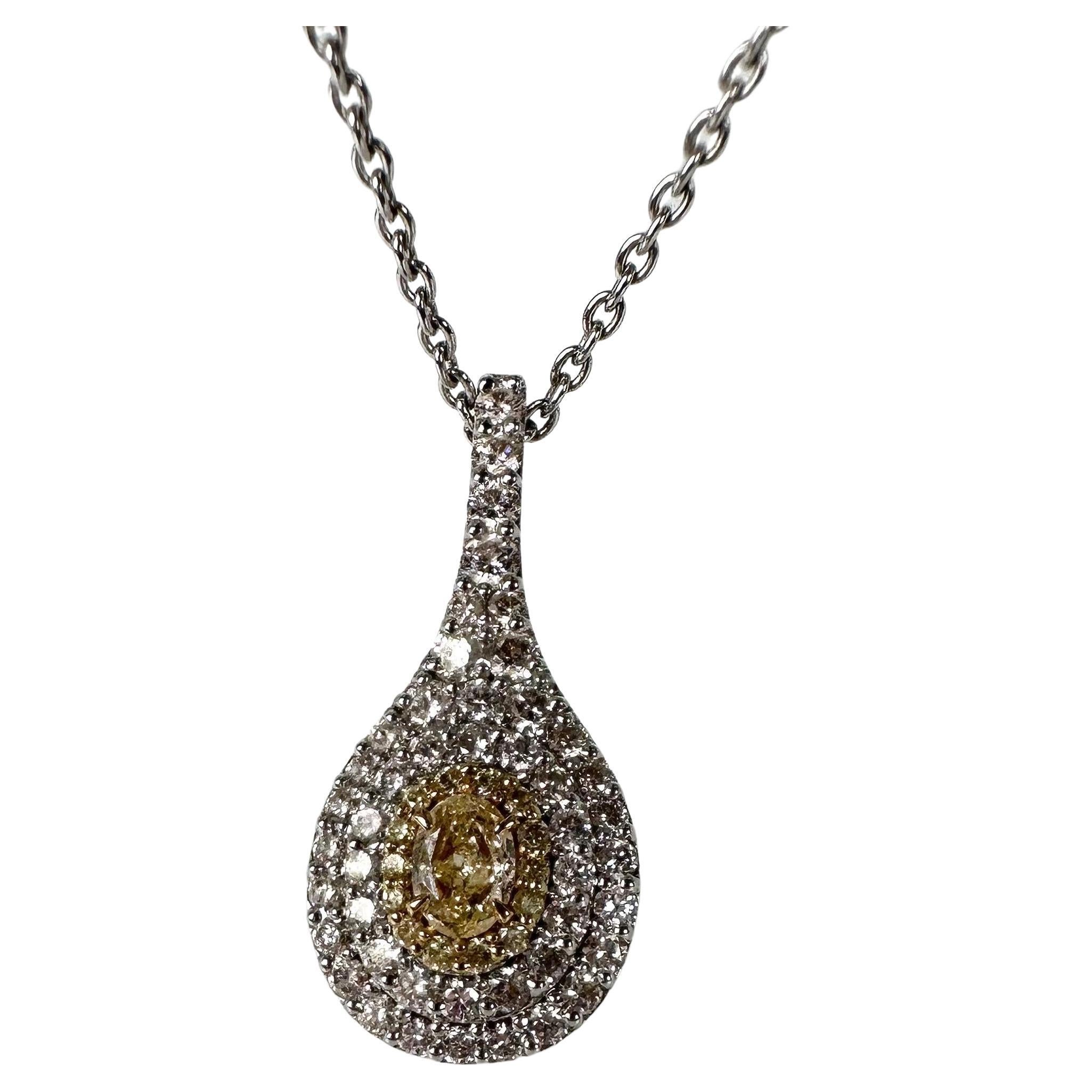 Fancy Yellow Diamond pendant necklace 18KT white gold 18" chain  For Sale